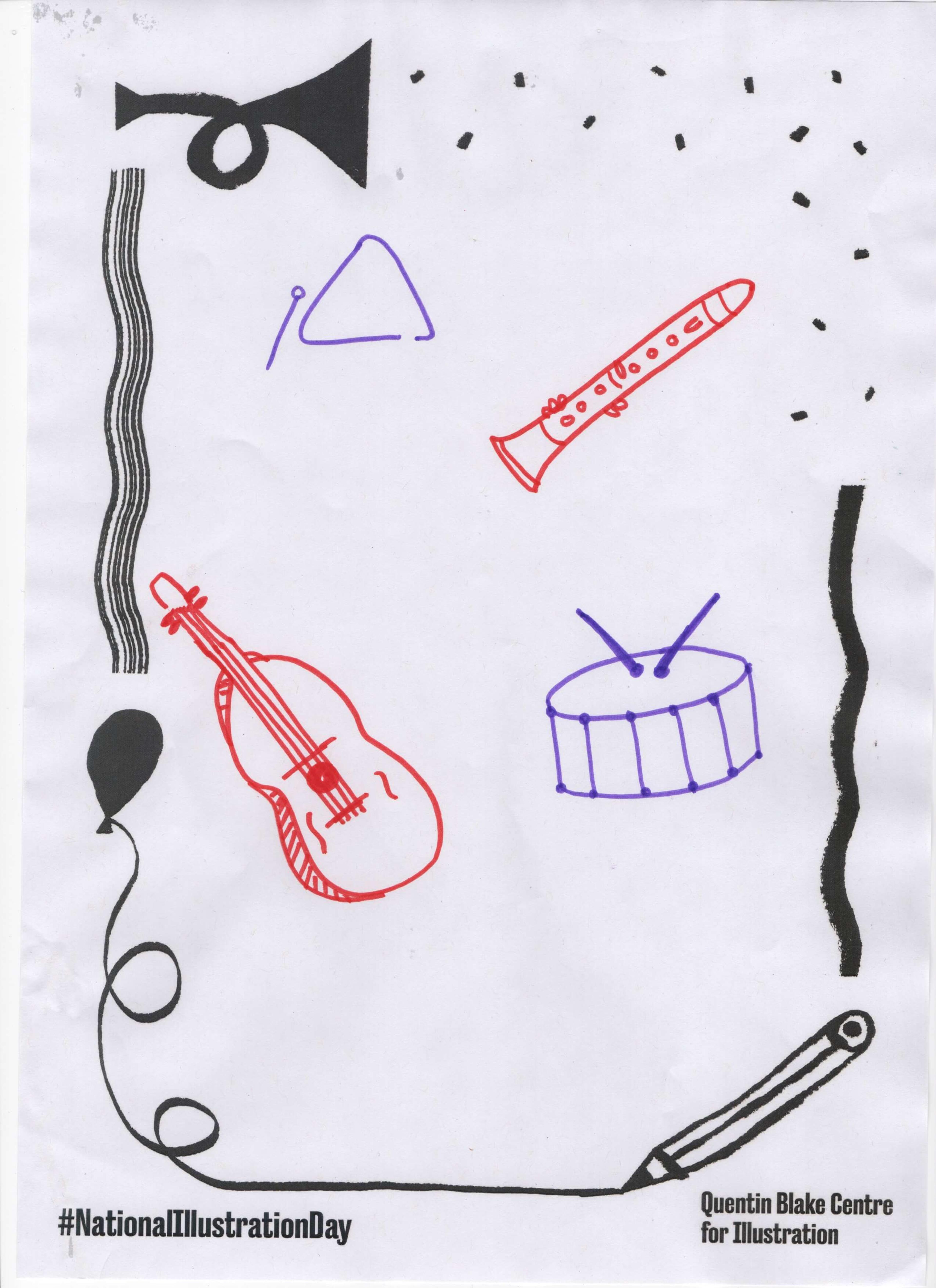 Outline drawings of a triangle, clarinet, guitar and snare drums.