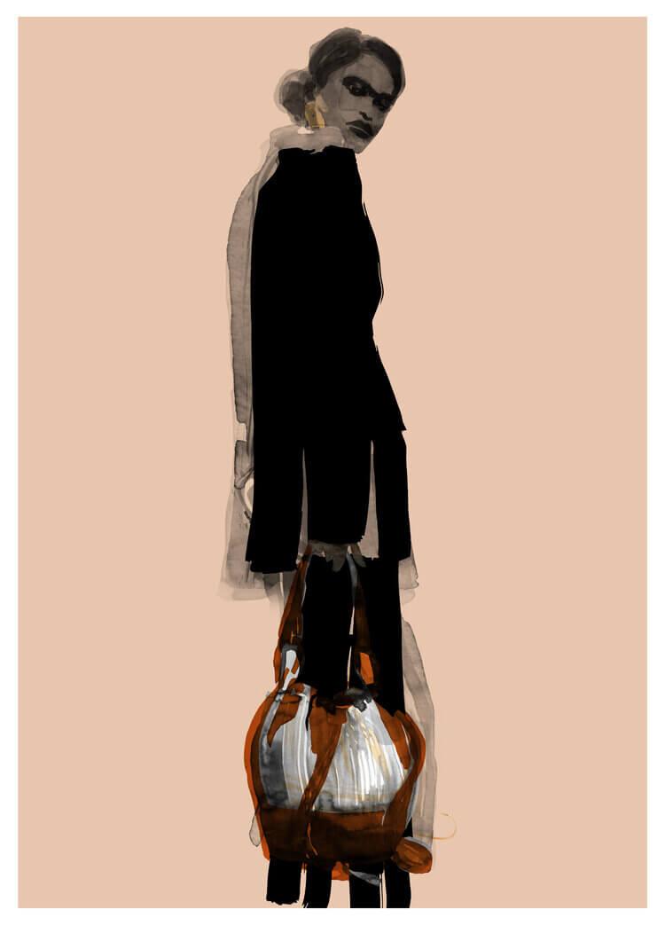 Illustration of figure standing side on in black clothes and holding brown bag