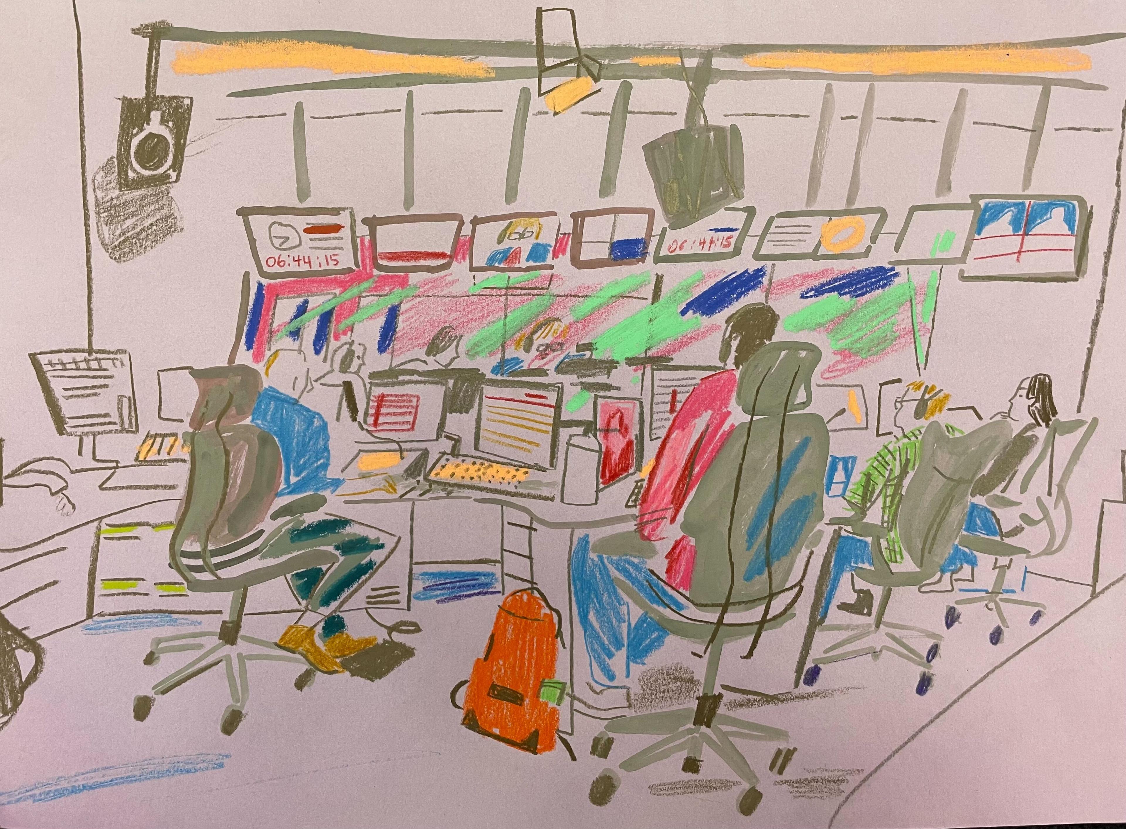 Illustration of lots of people in a studio surrounded by monitors and computers.