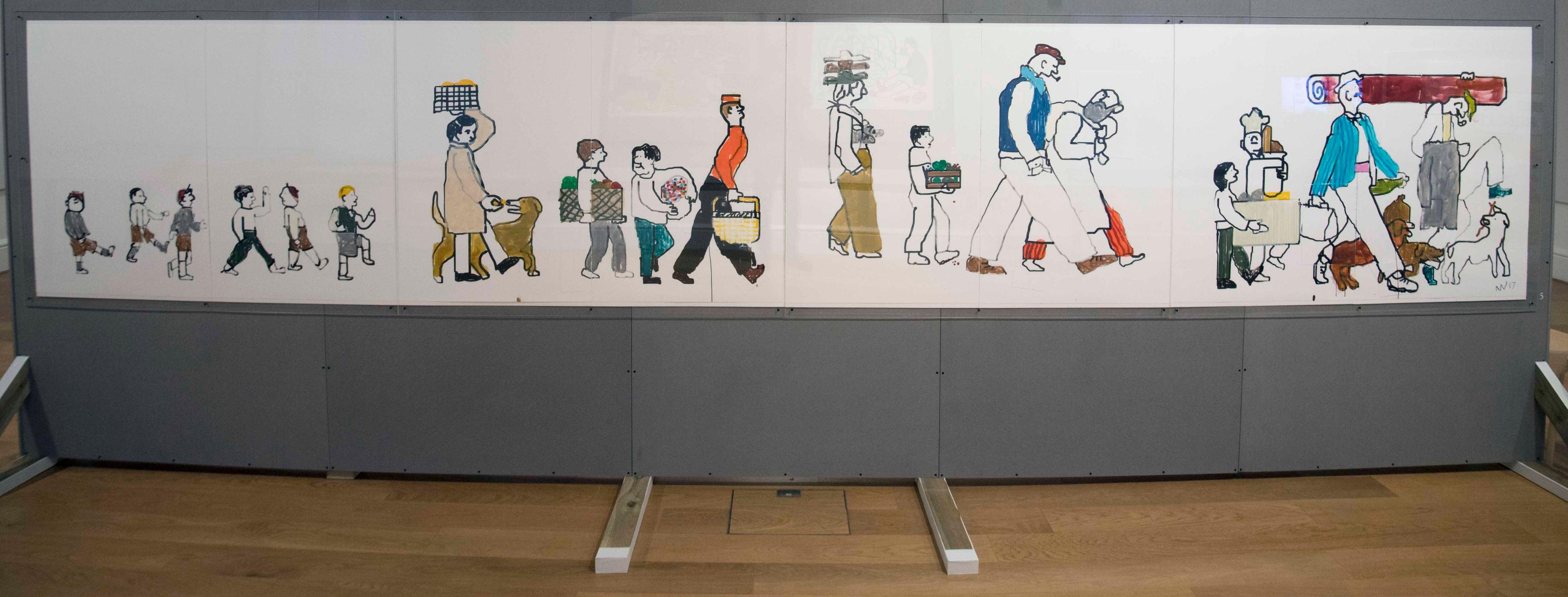 A large wall in an exhibition space with a large illustration of many people on it.