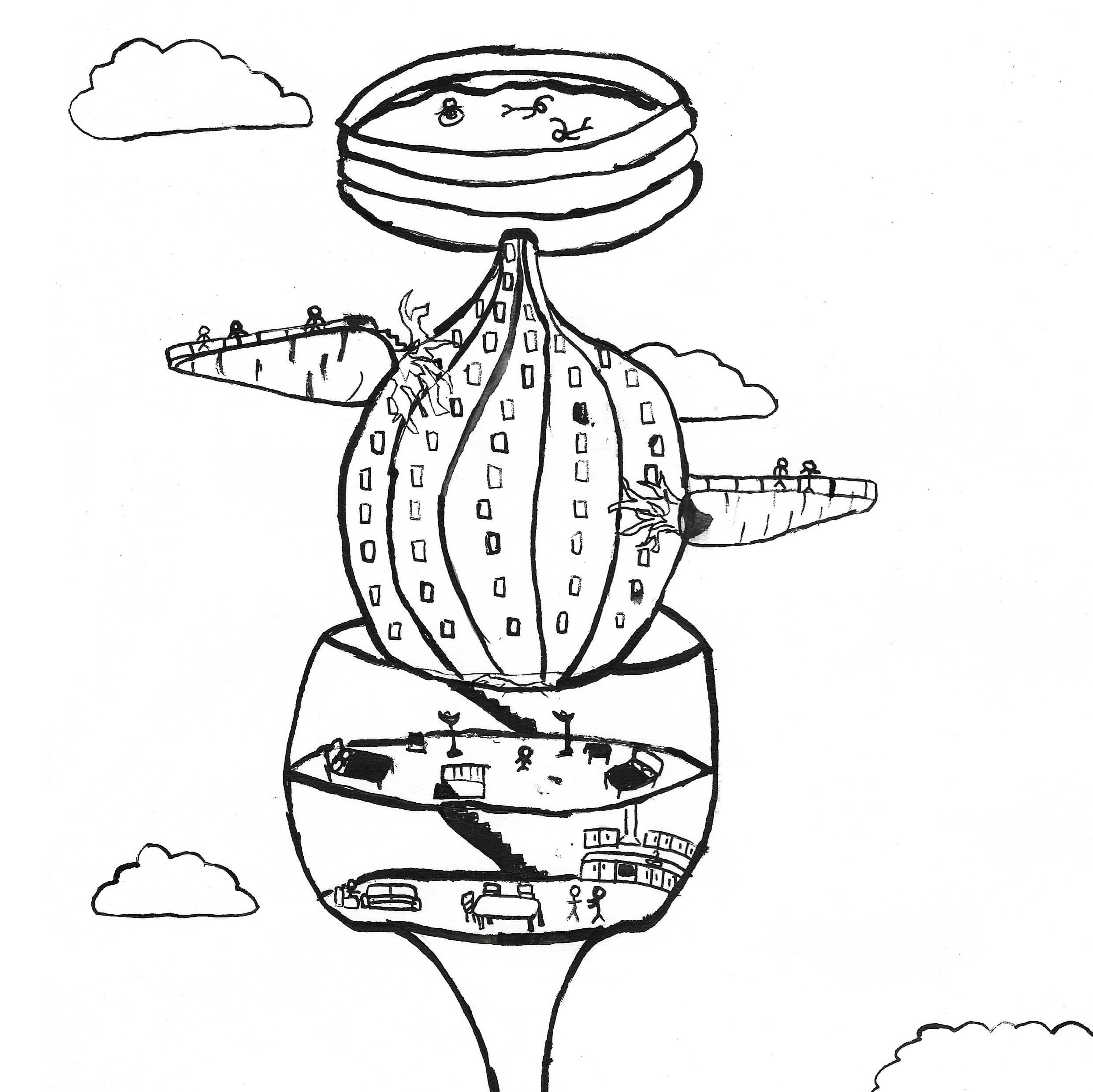 A futuristic glass house in the sky with an onion-shaped dome and see-through floors