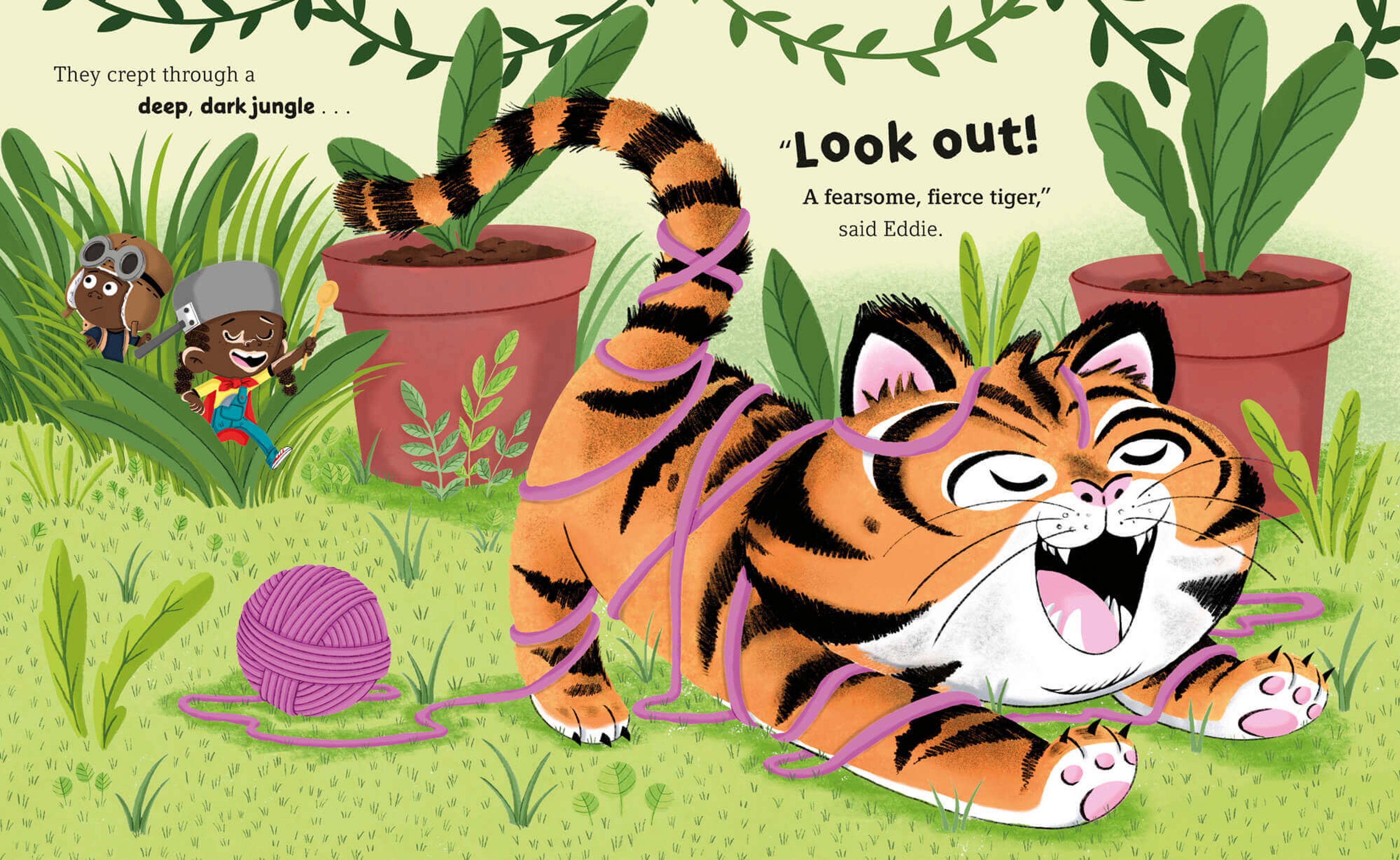 Illustration of two children behind a tiger playing with a ball of string