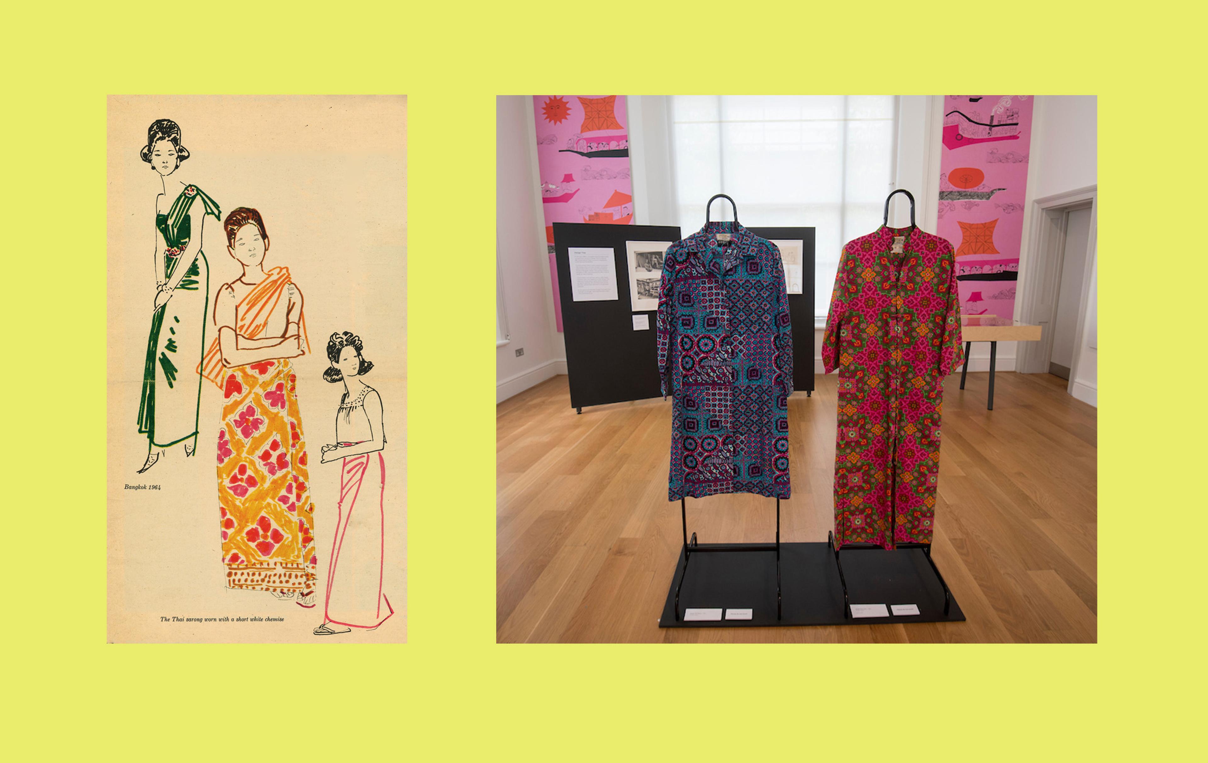 Newspaper cutting with illustration of three people wearing Thai garments, and photograph of a gallery space with a blue dress and a pink and orange tunic on metal frames.
