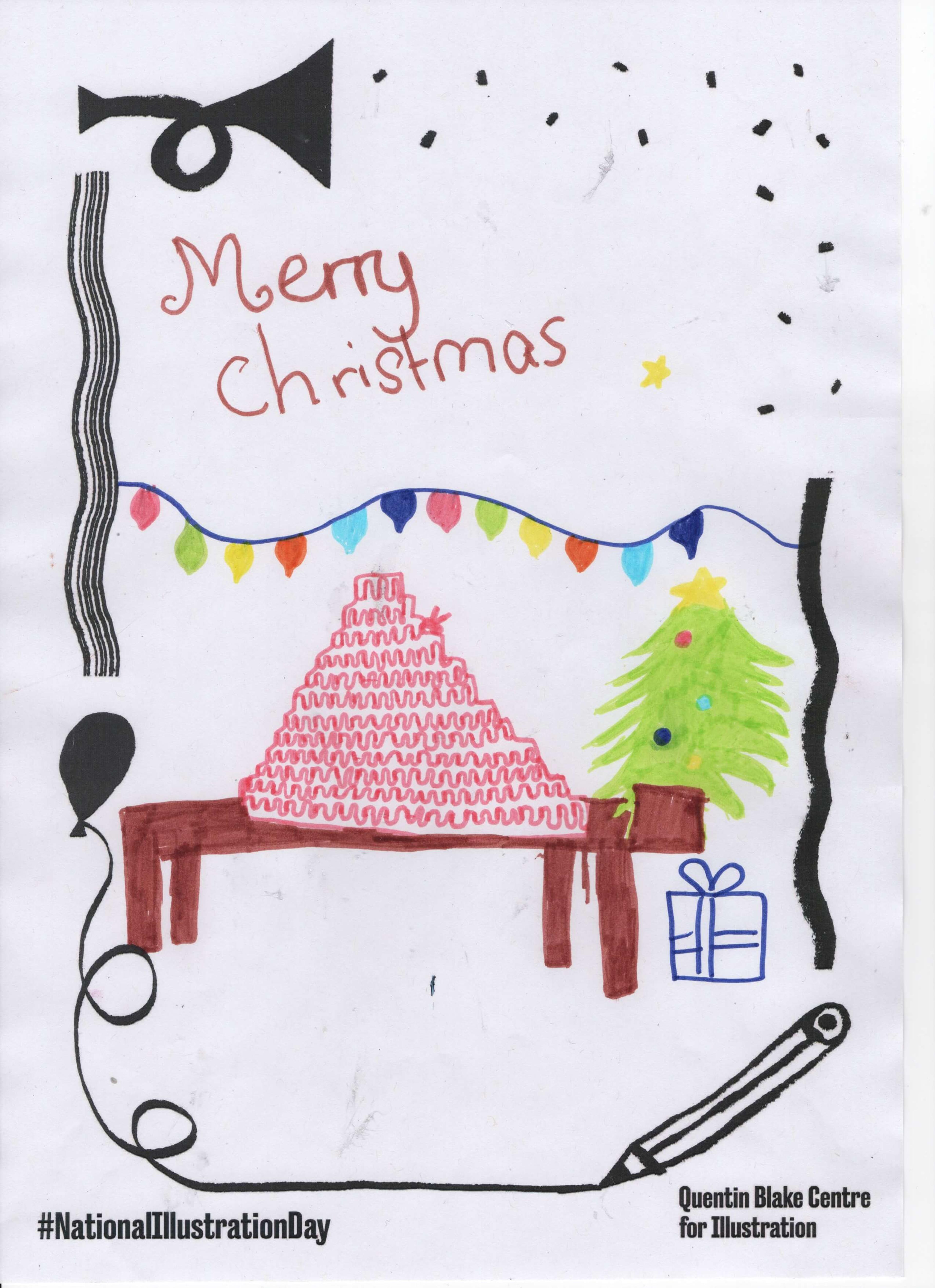 A child's drawing of a Christmas scene, featuring a tree, a table, presents and coloured lights. 