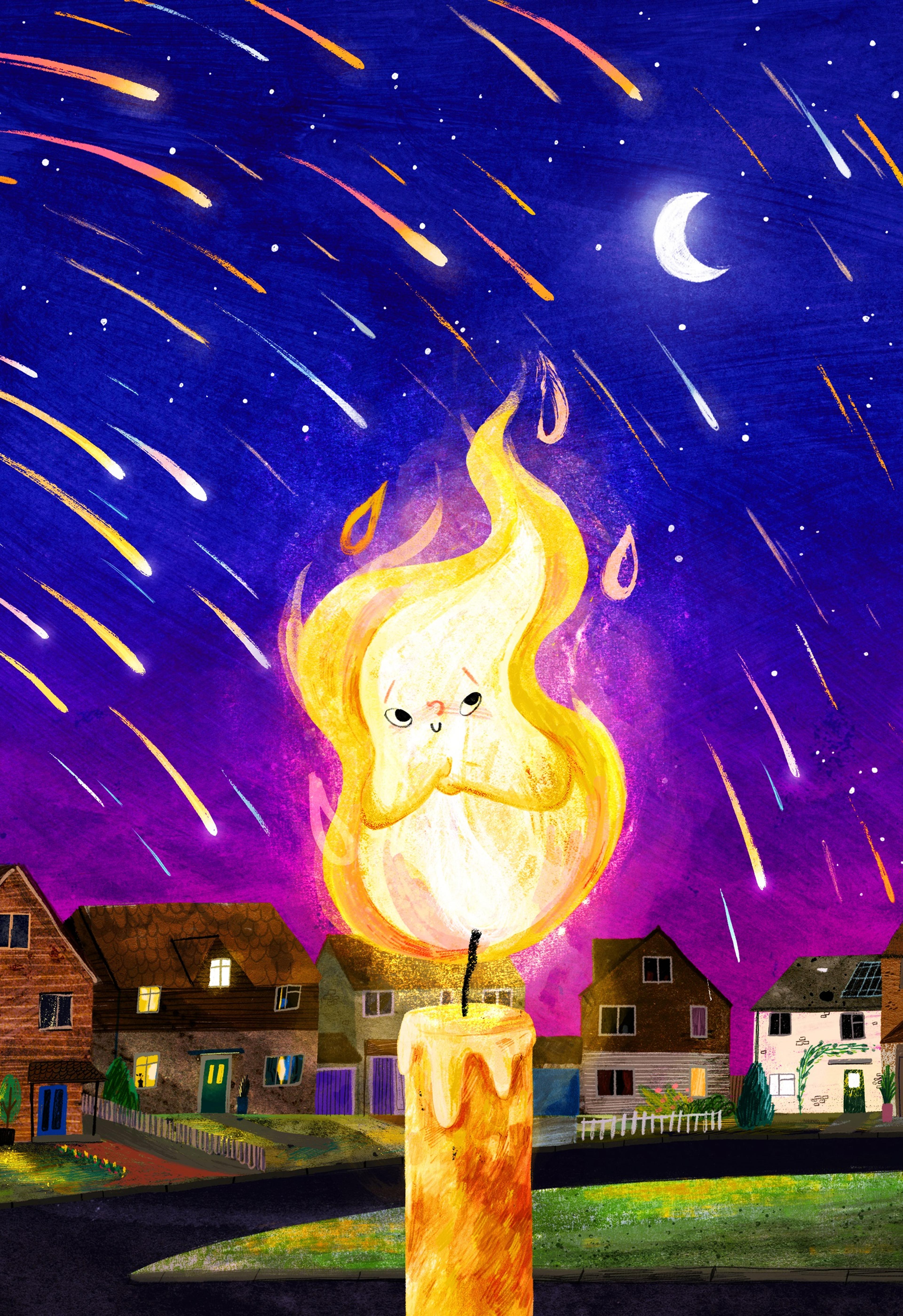 Illustration of a flame character, in front of a row of houses