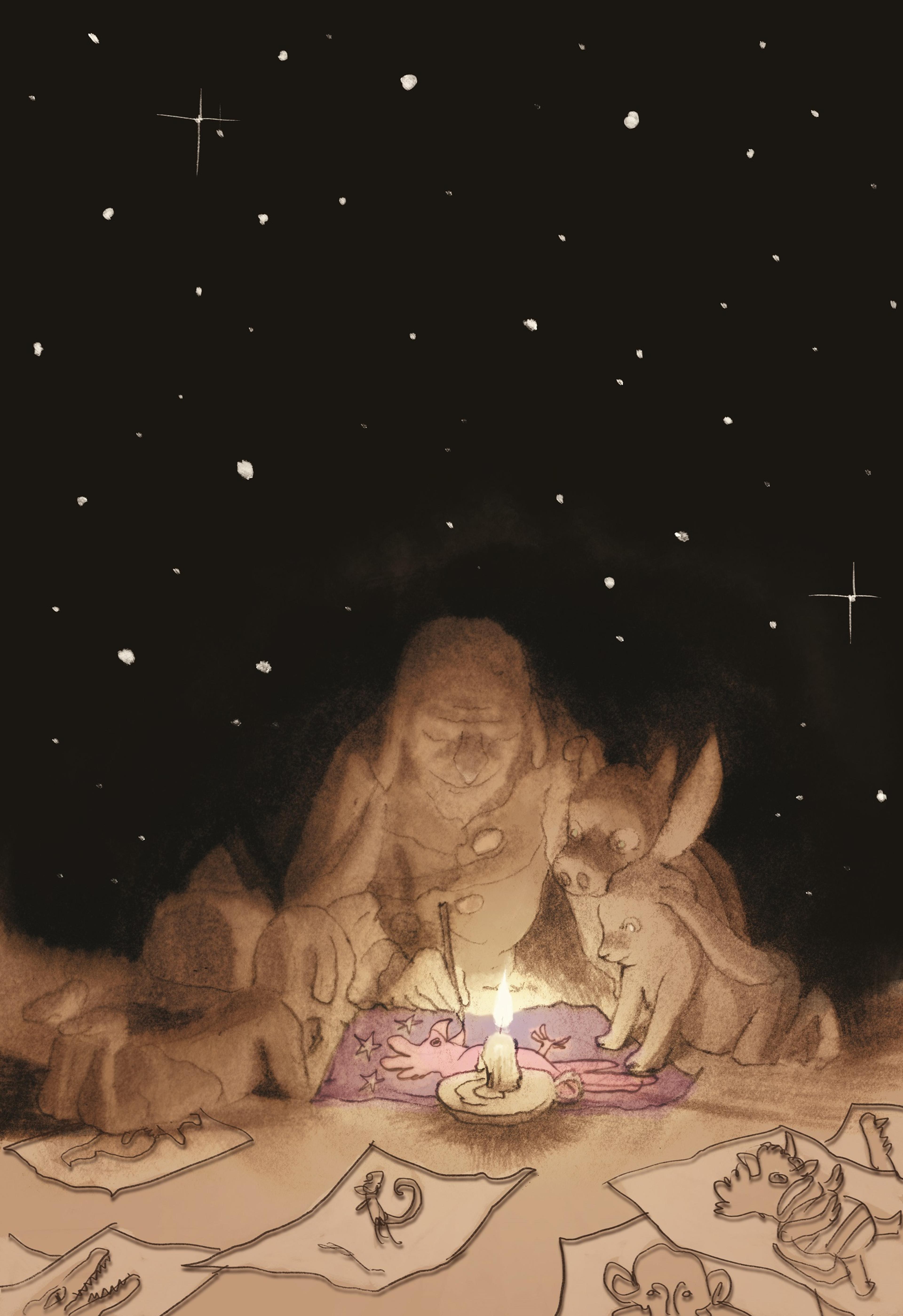 Illustration of a person drawing a bird by candle light, watched by little animals