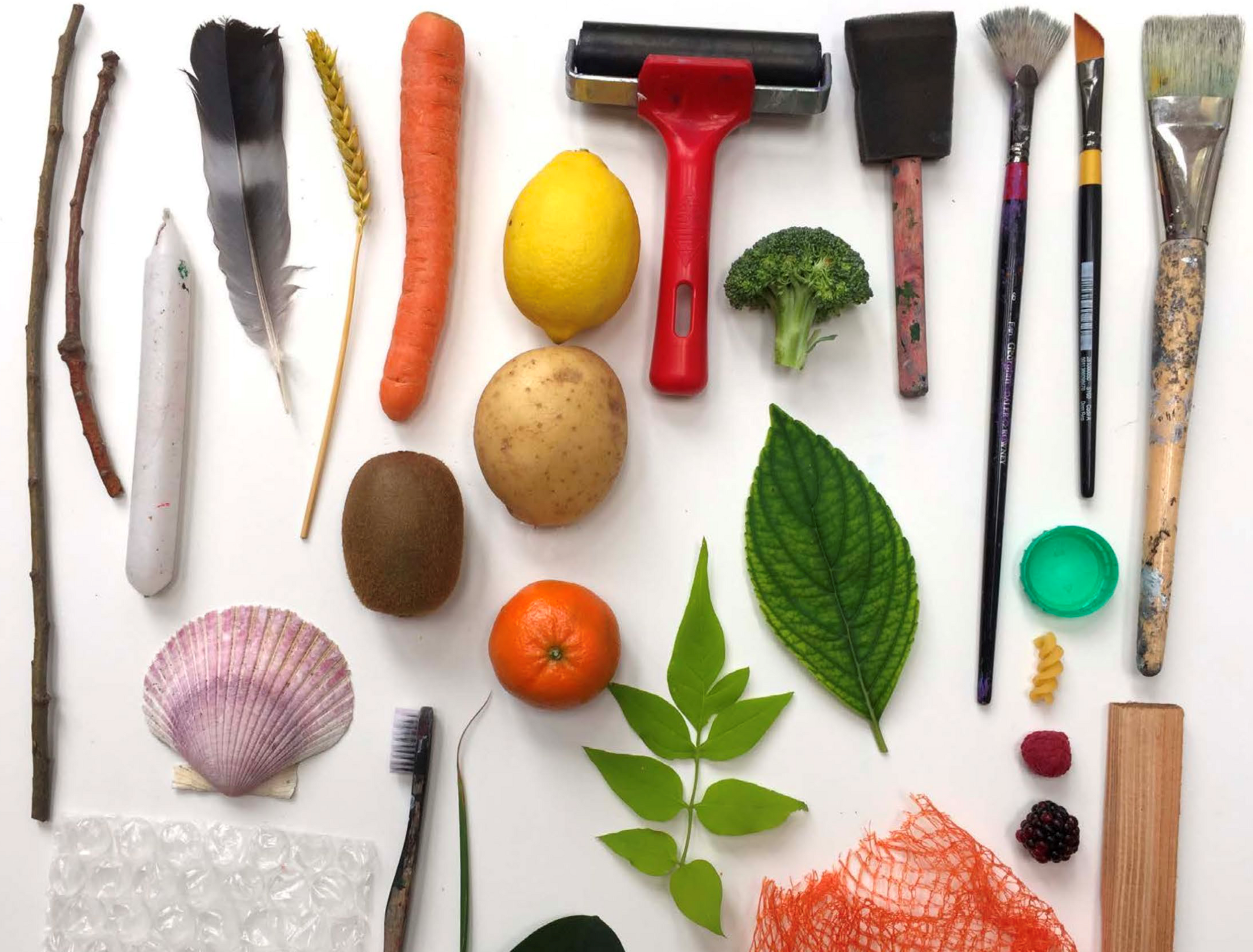 Photograph of a series of objects on a table including fruit, vegetables, shells, and paintbrushes