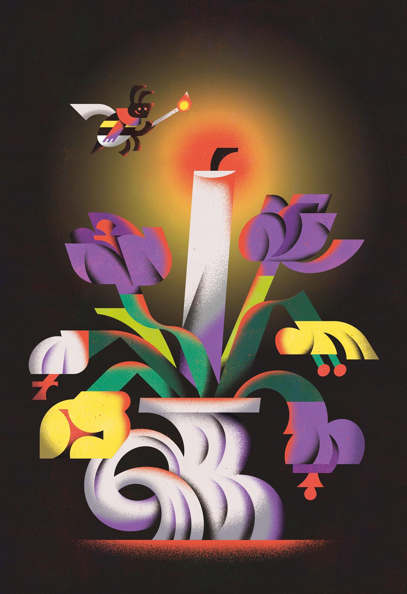 Illustration of a bee lighting a candle in a vase surrounded by crocuses