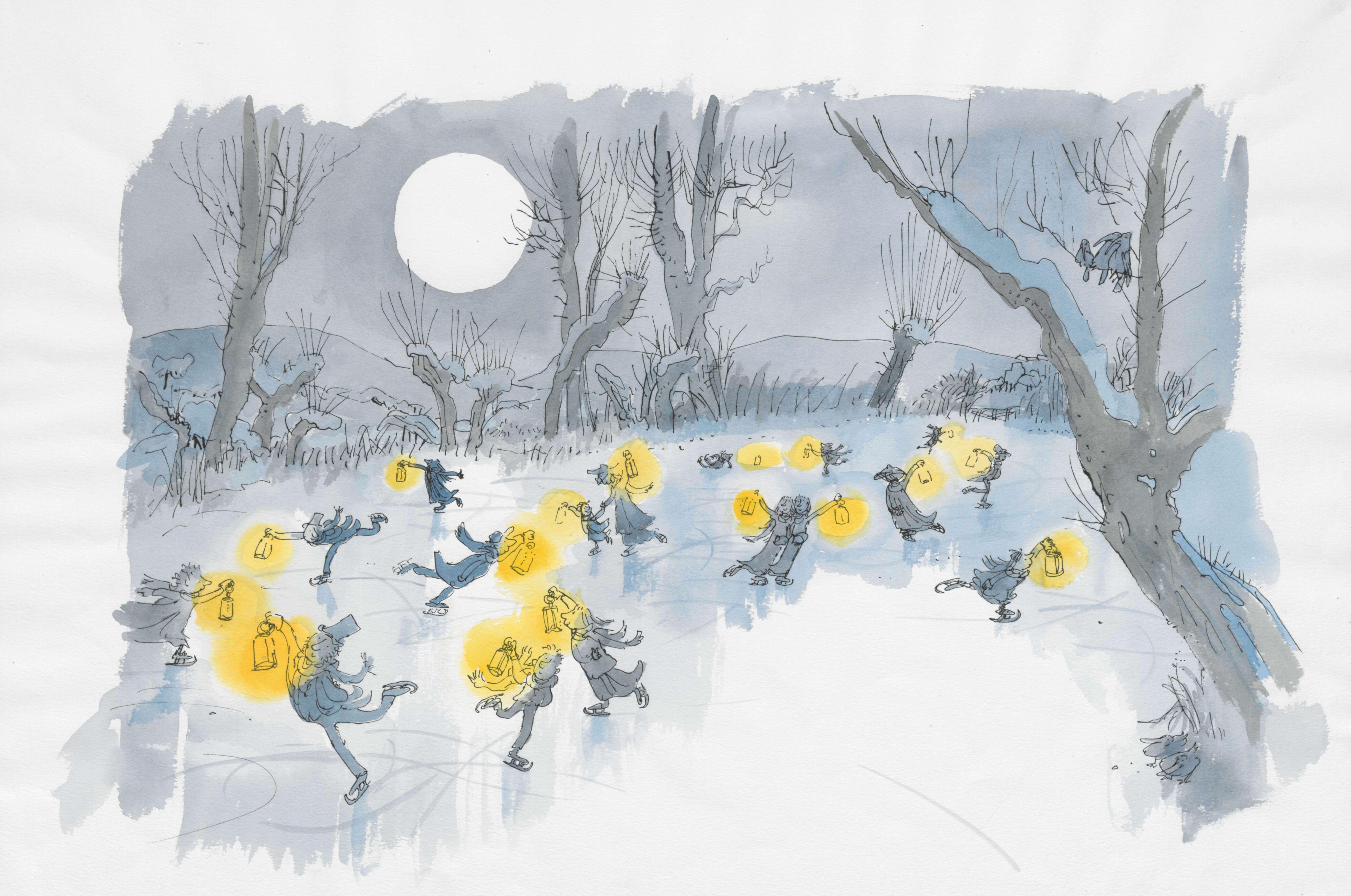 Illustration of people ice skating by moonlight holding glowing lamps