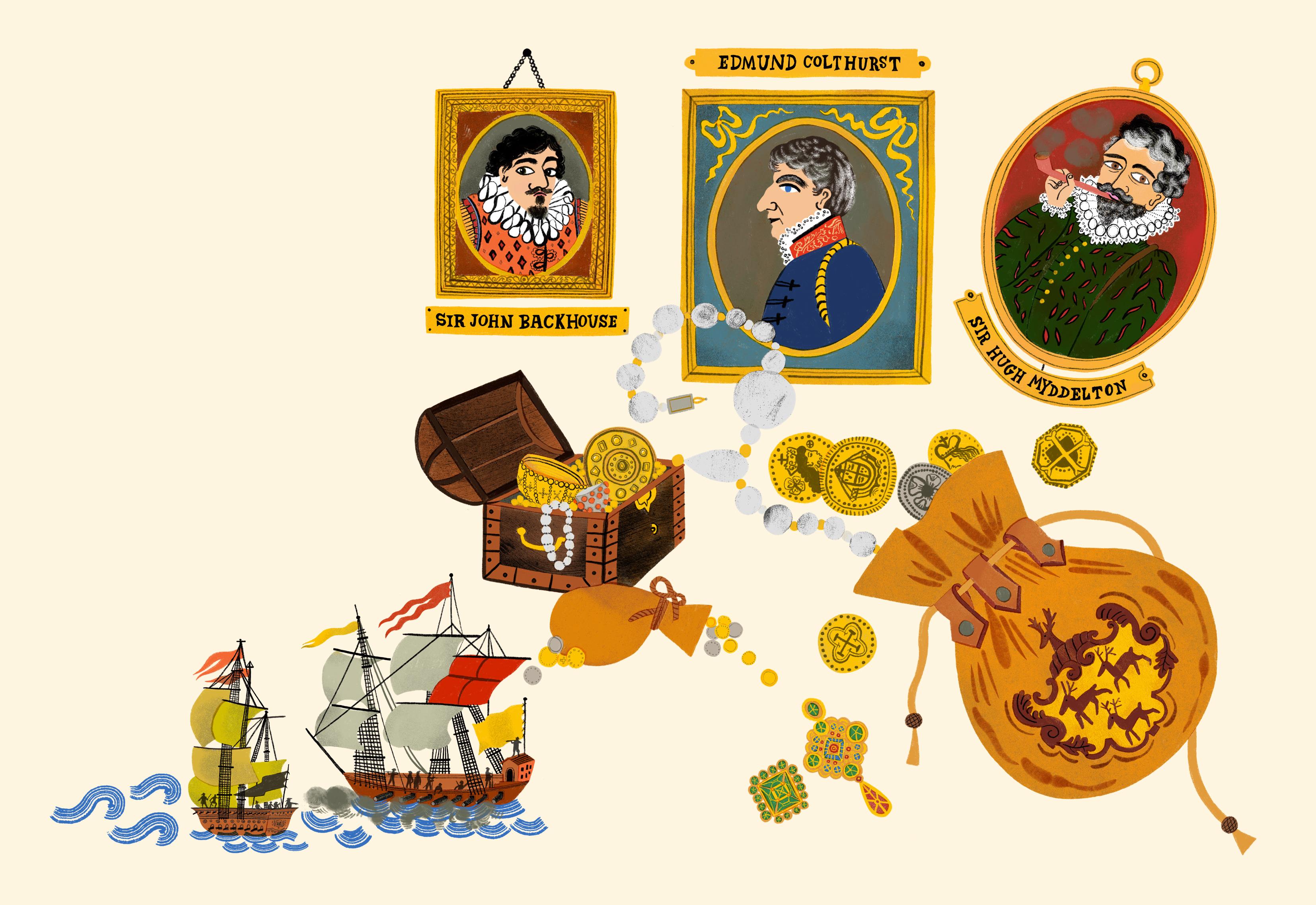 Illustration with portraits of three men in historic clothes. Beneath them are a treasure chest and pouch filled with coins and jewels, and a two ships with sails.