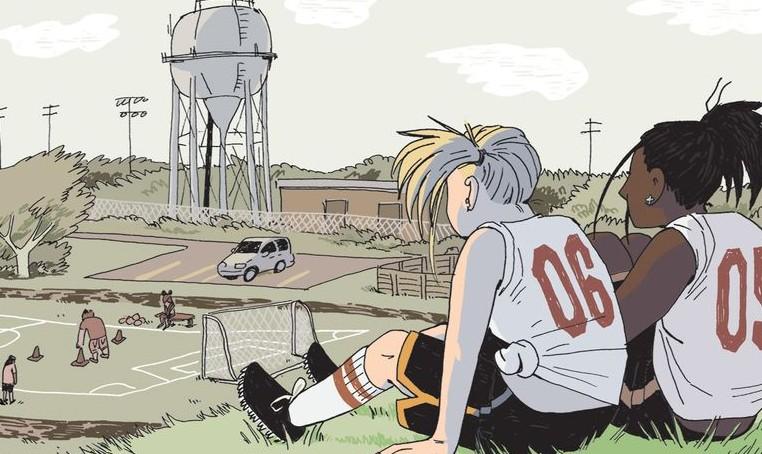 A comic panel illustration showing two figures in sportswear sitting on grass and looking out over a car park. 