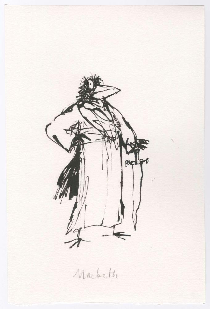 Ink drawing of a crow in a robe-like garment standing proudly leaning on a sword.