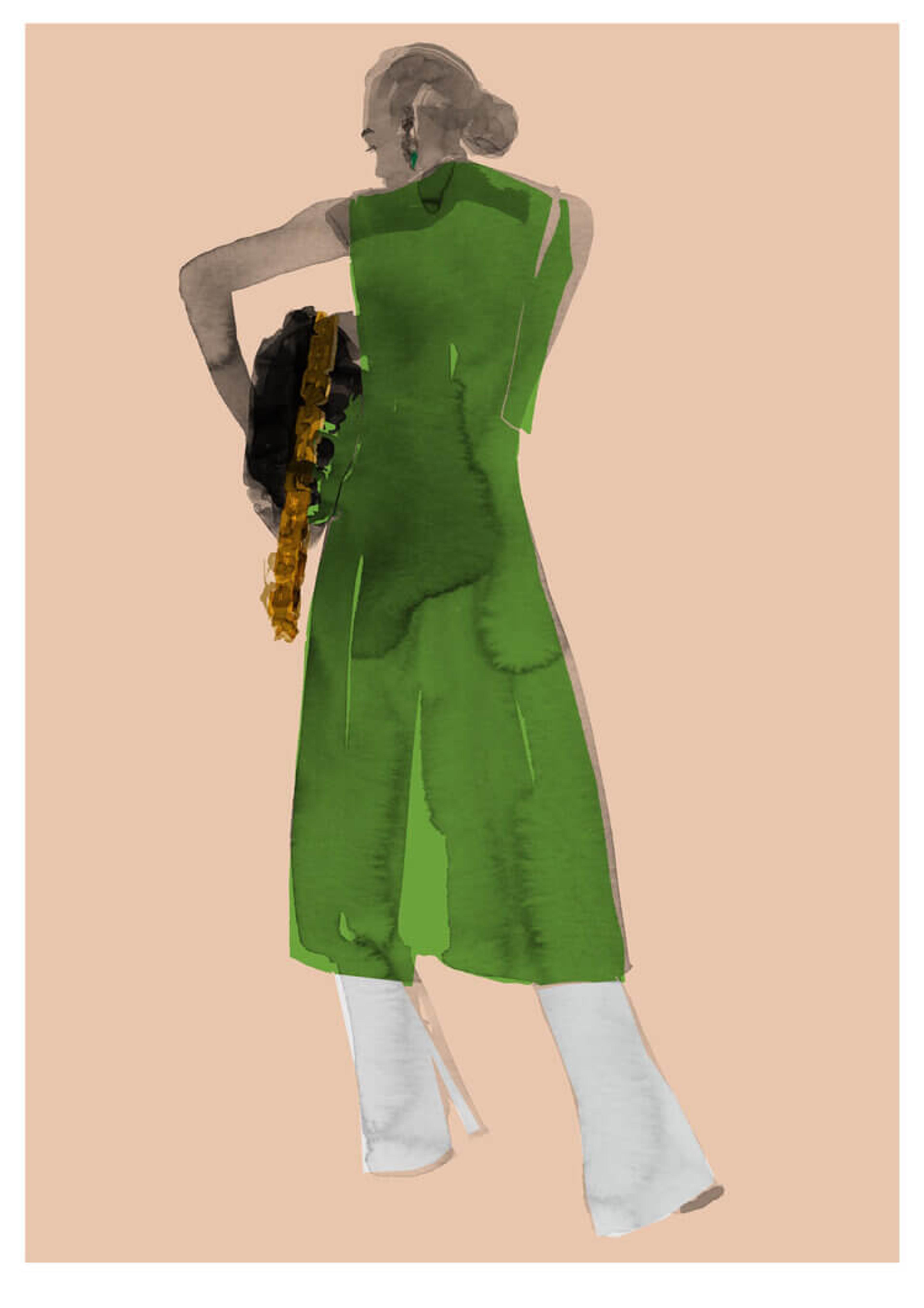 Illustration of a model facing away from the viewer, dressed in a full-length green coat.