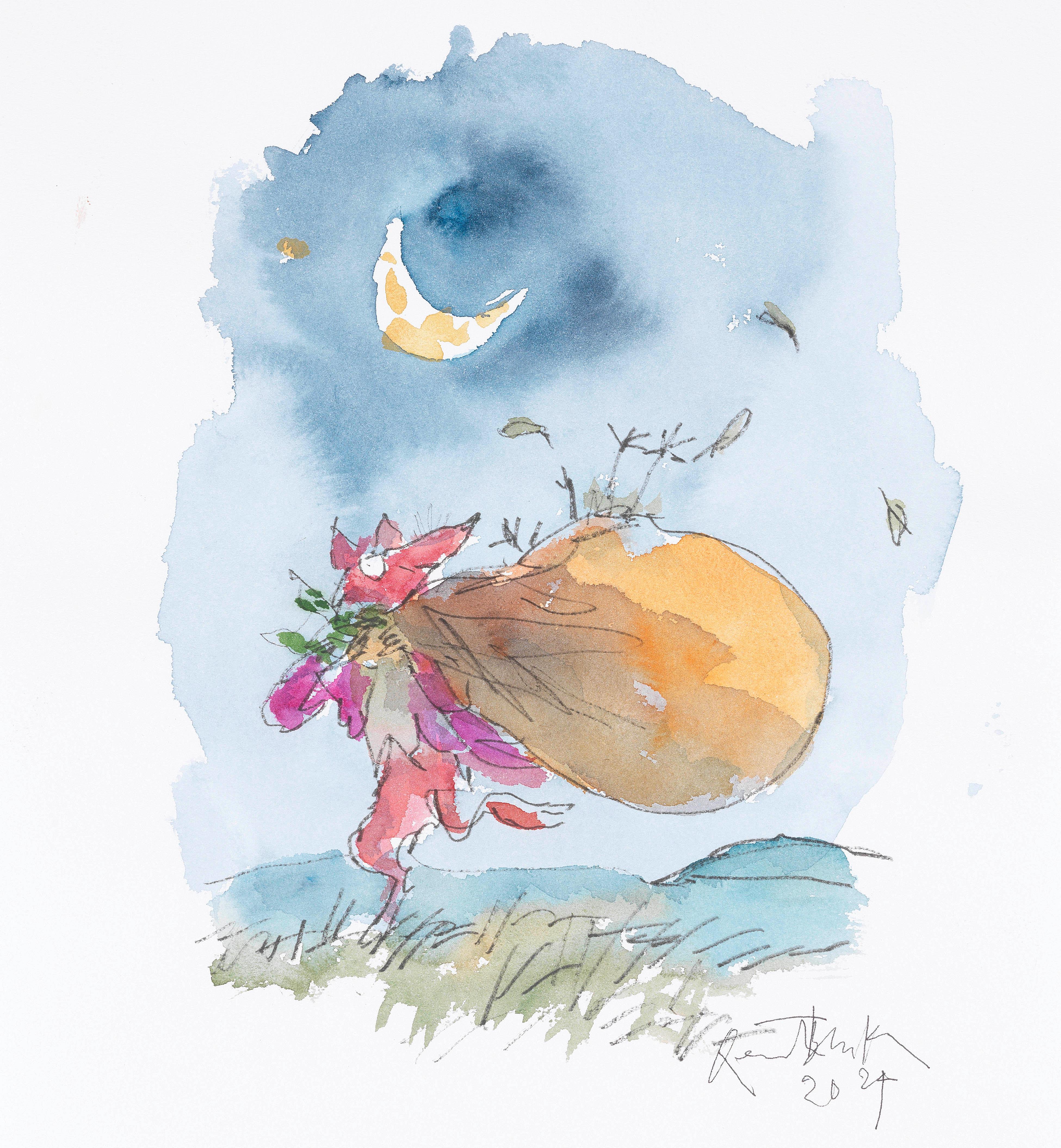 Illustration of a fox wearing a shirt and jacket running outside under a crescent moon holding a large sack on their back.