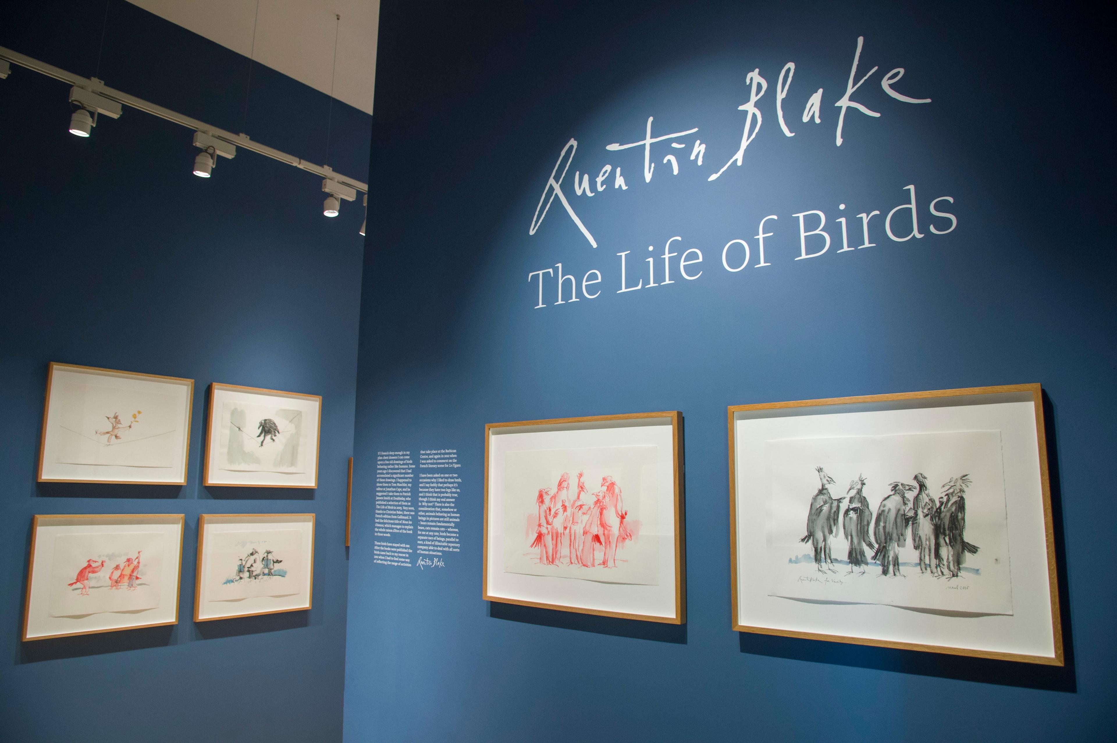 Framed illustrations and the exhibition title displayed on a gallery wall.