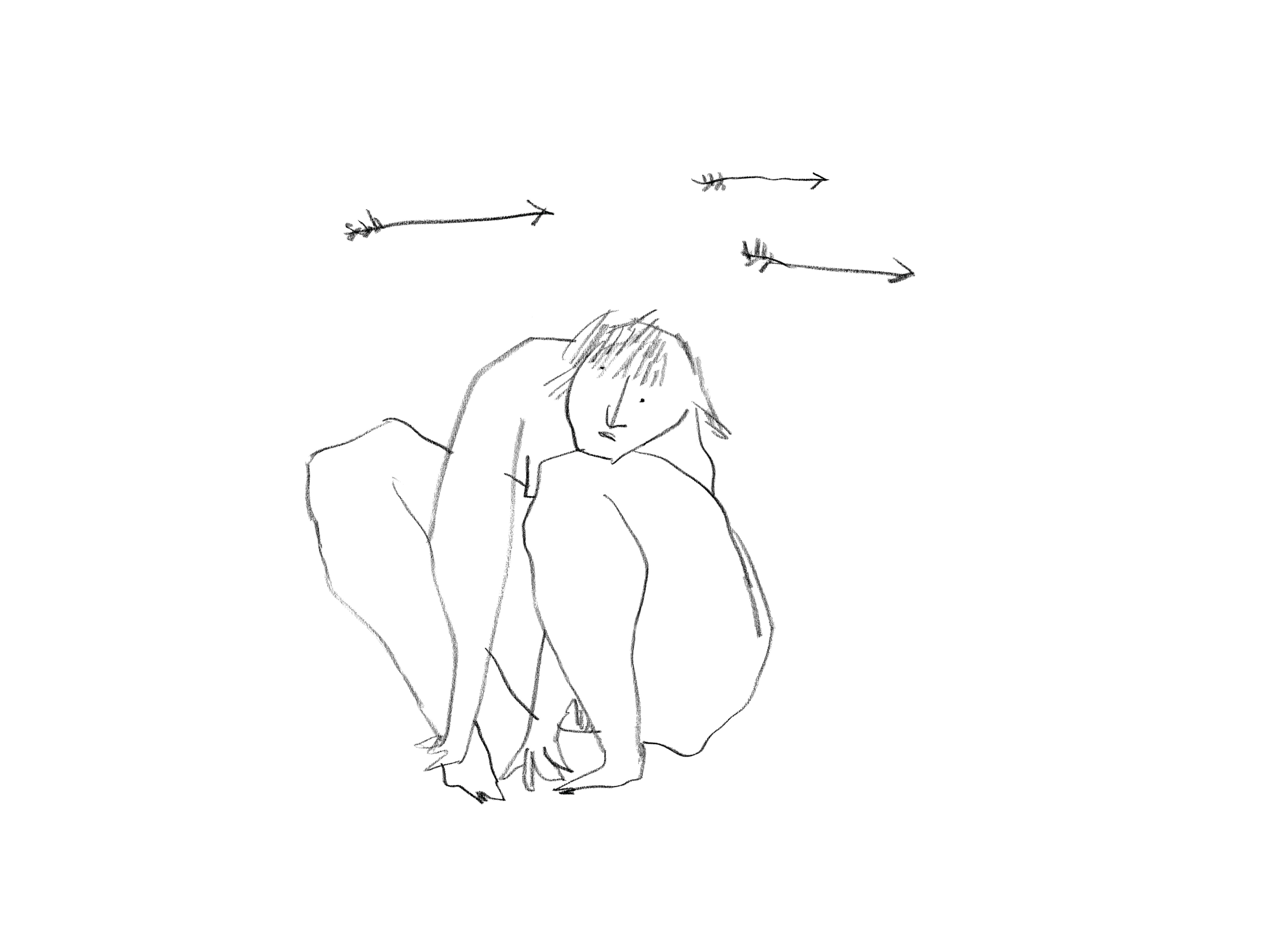 A crouching nude with arrows flying above her head