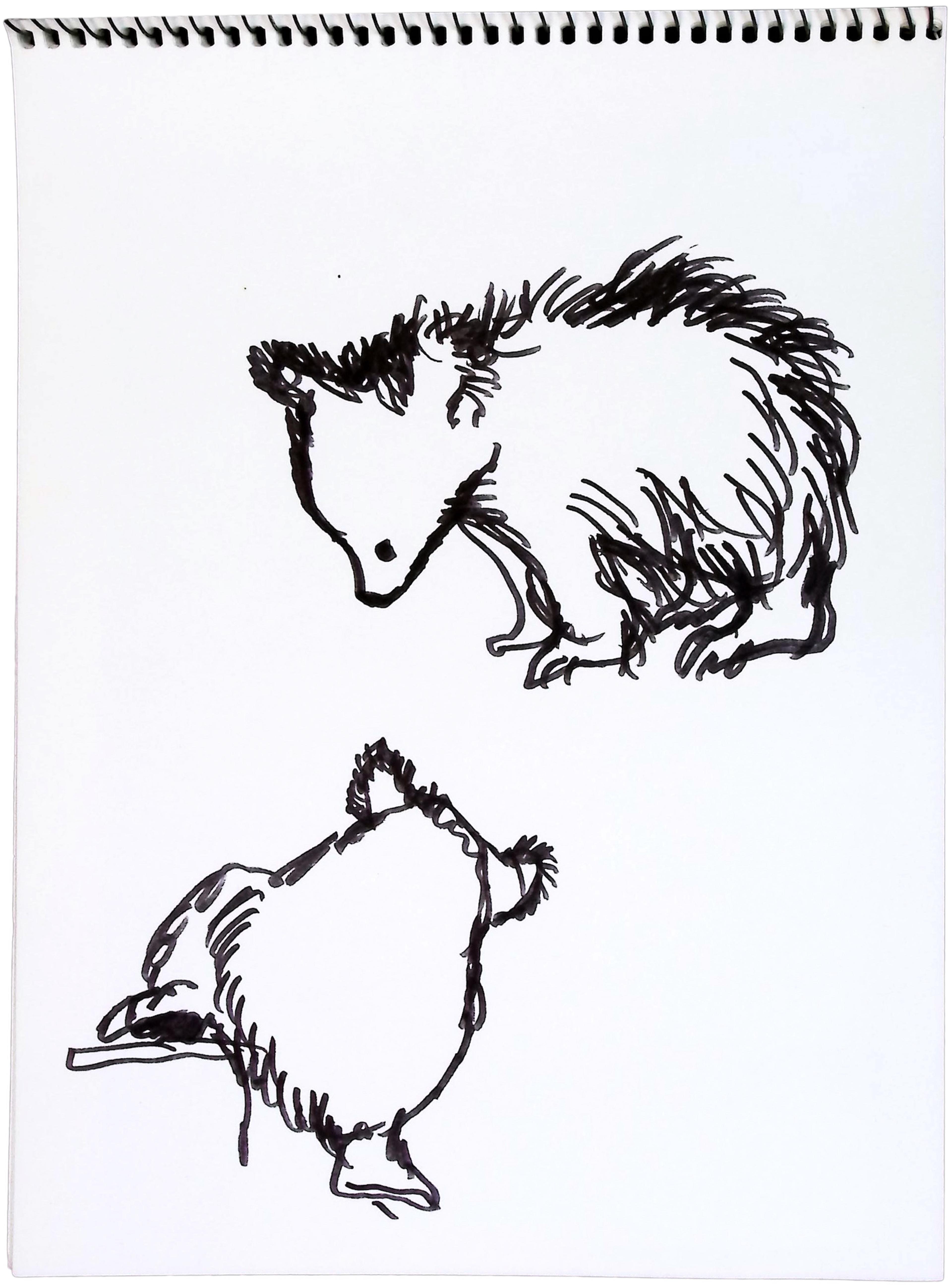 Two black and white sketches of baby bears