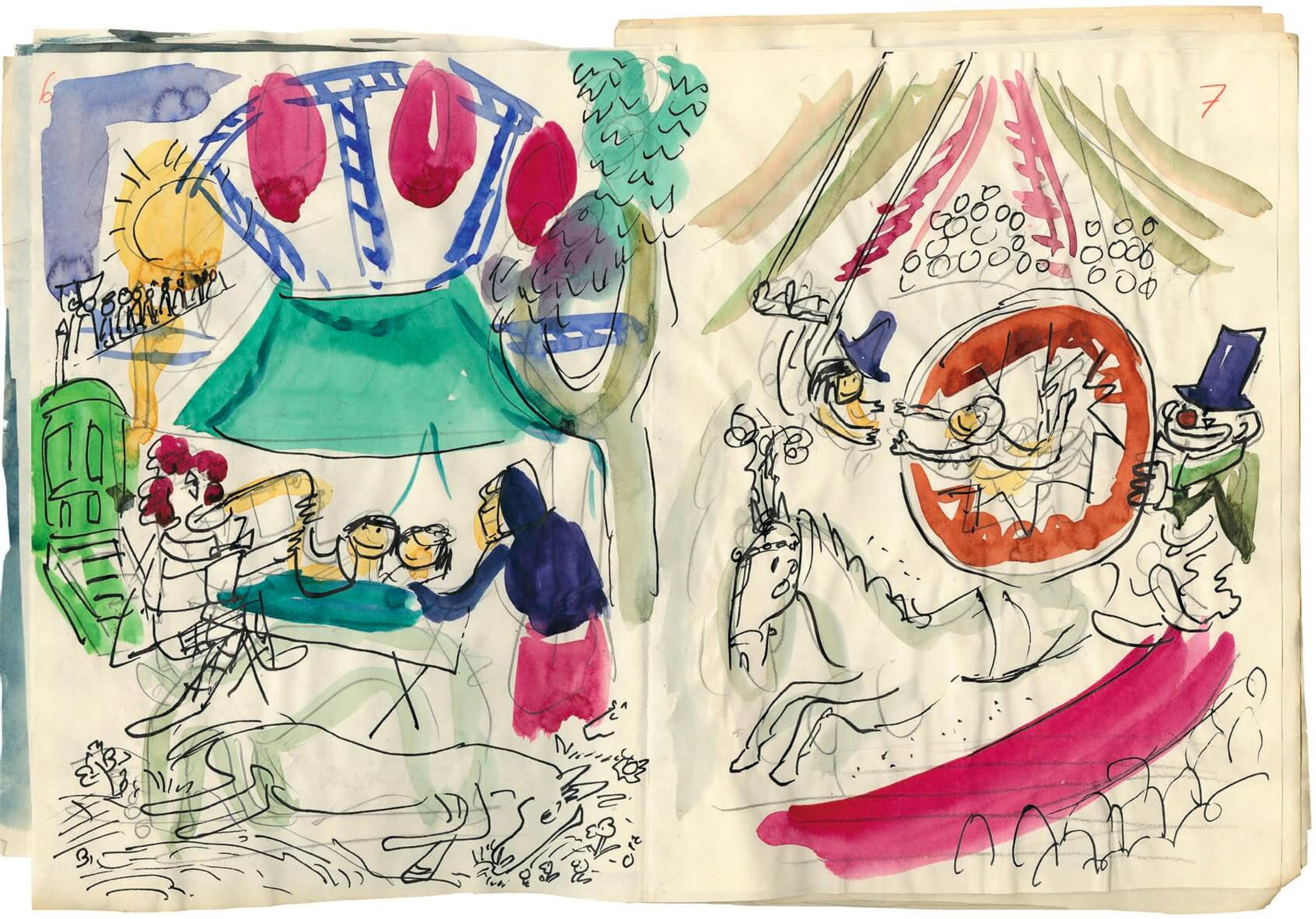 A sketchbook spread of lively circus scenes, rendered with loose lines and colour washes
