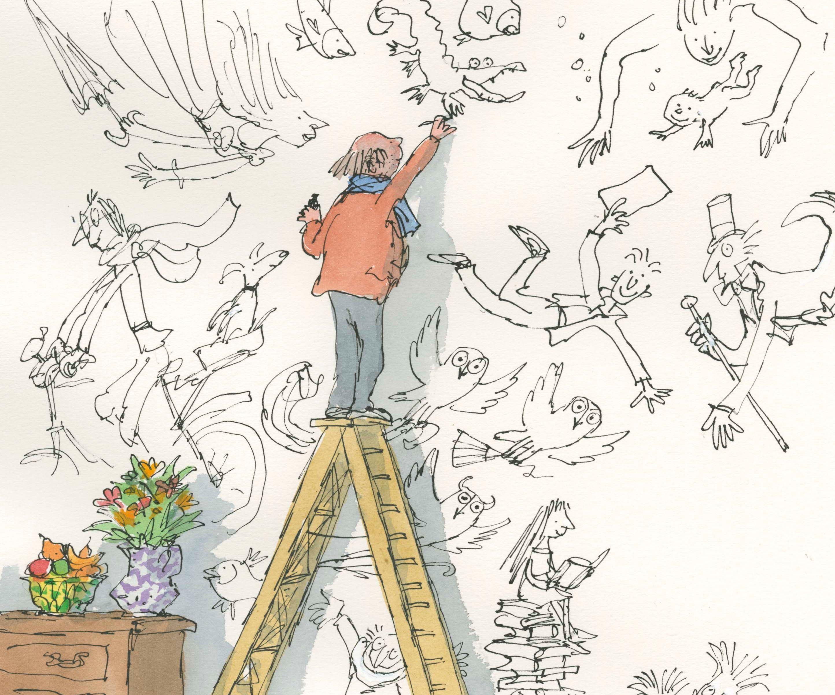 Illustration of a person on a ladder drawing on the wall