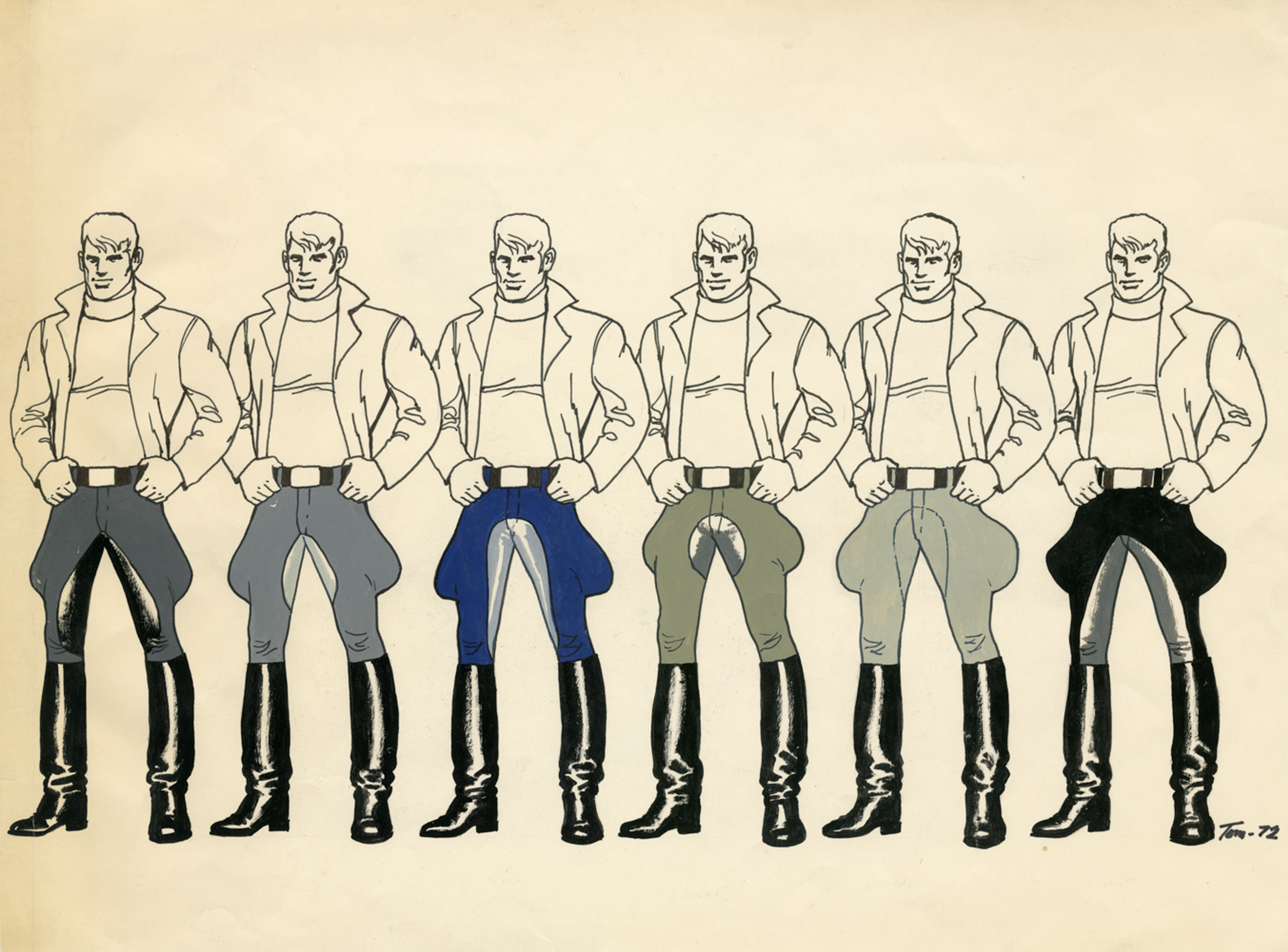 Illustration of six identical men standing in a row, each with different coloured trousers