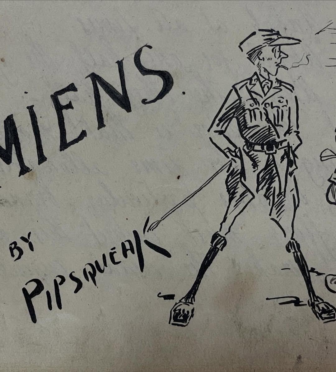 Illustration of 'Pipsqueak', a soldier in uniform smoking and holding a cane