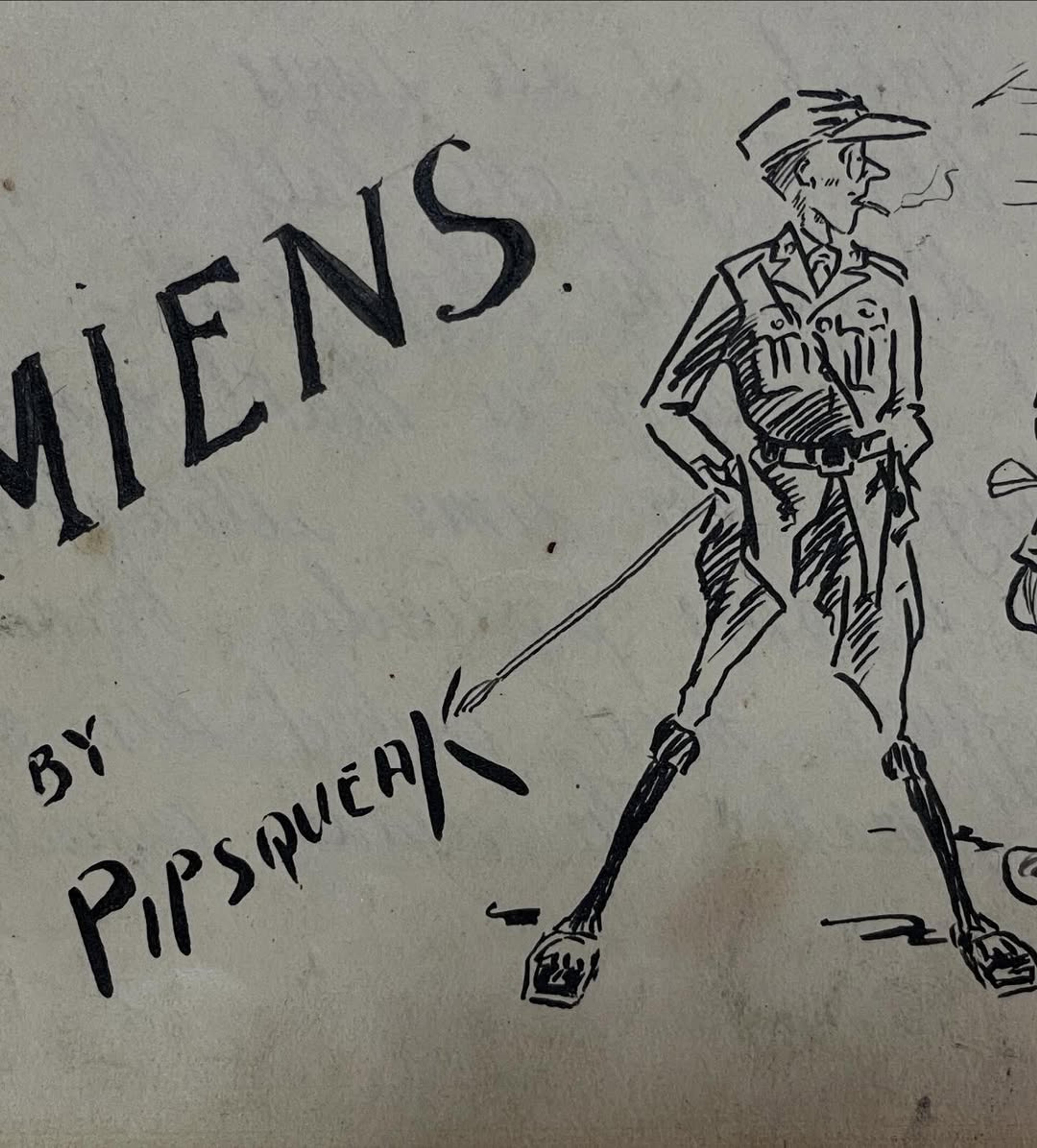 Illustration of 'Pipsqueak', a soldier in uniform smoking and holding a cane