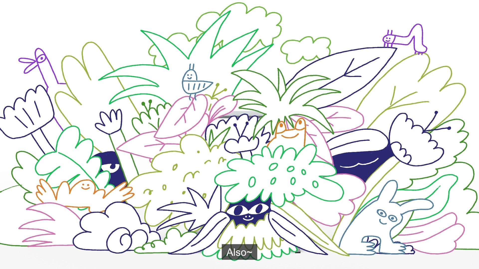 A colourful illustration in a line drawn style showing characters coming out of plants and flowers.