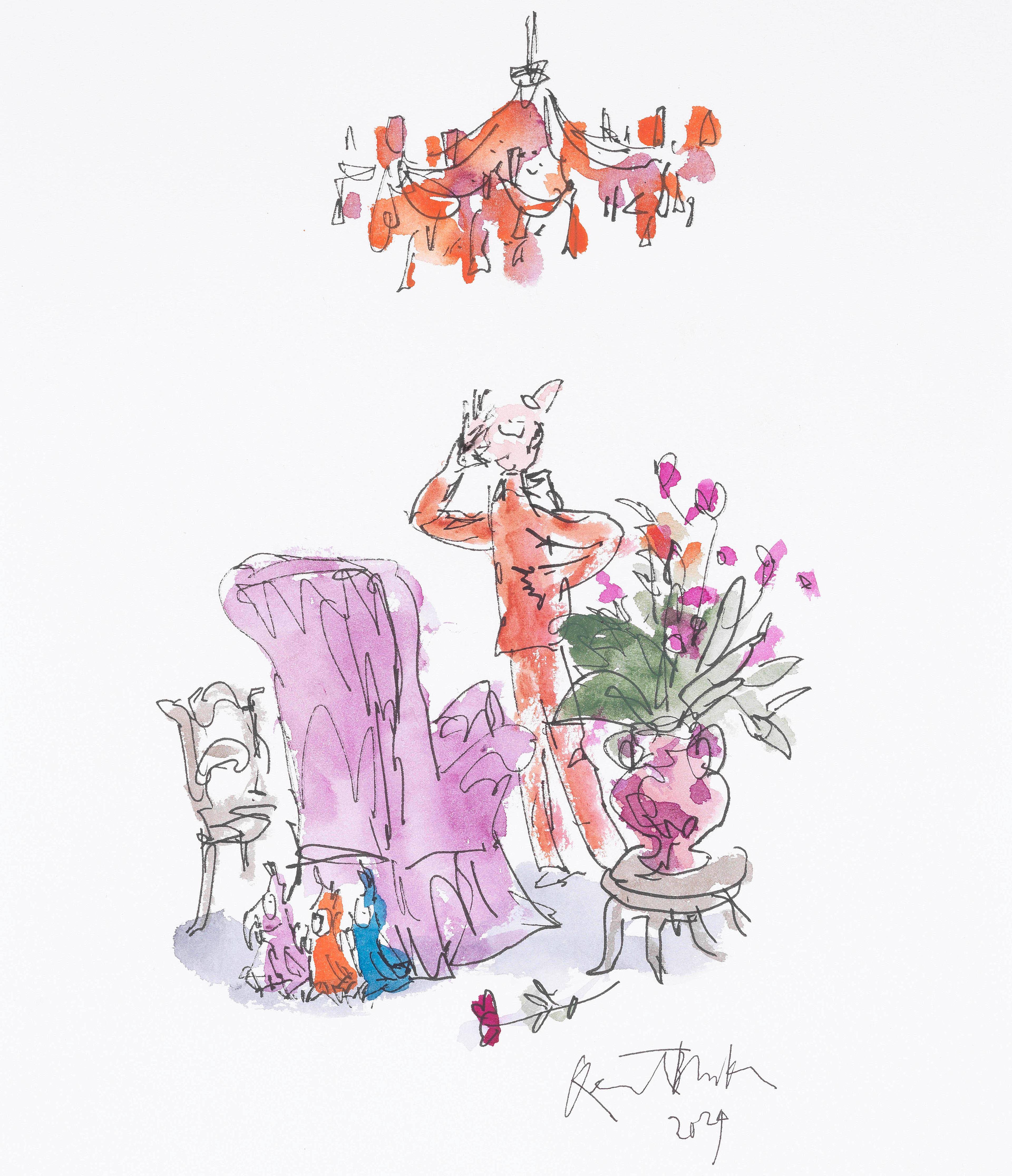 Illustration of a person looking puzzled, they are in a living room with a chair, armchair, table with a vase of flowers on them and a chandelier. There are three colourful cockatoos hiding behind the armchair.