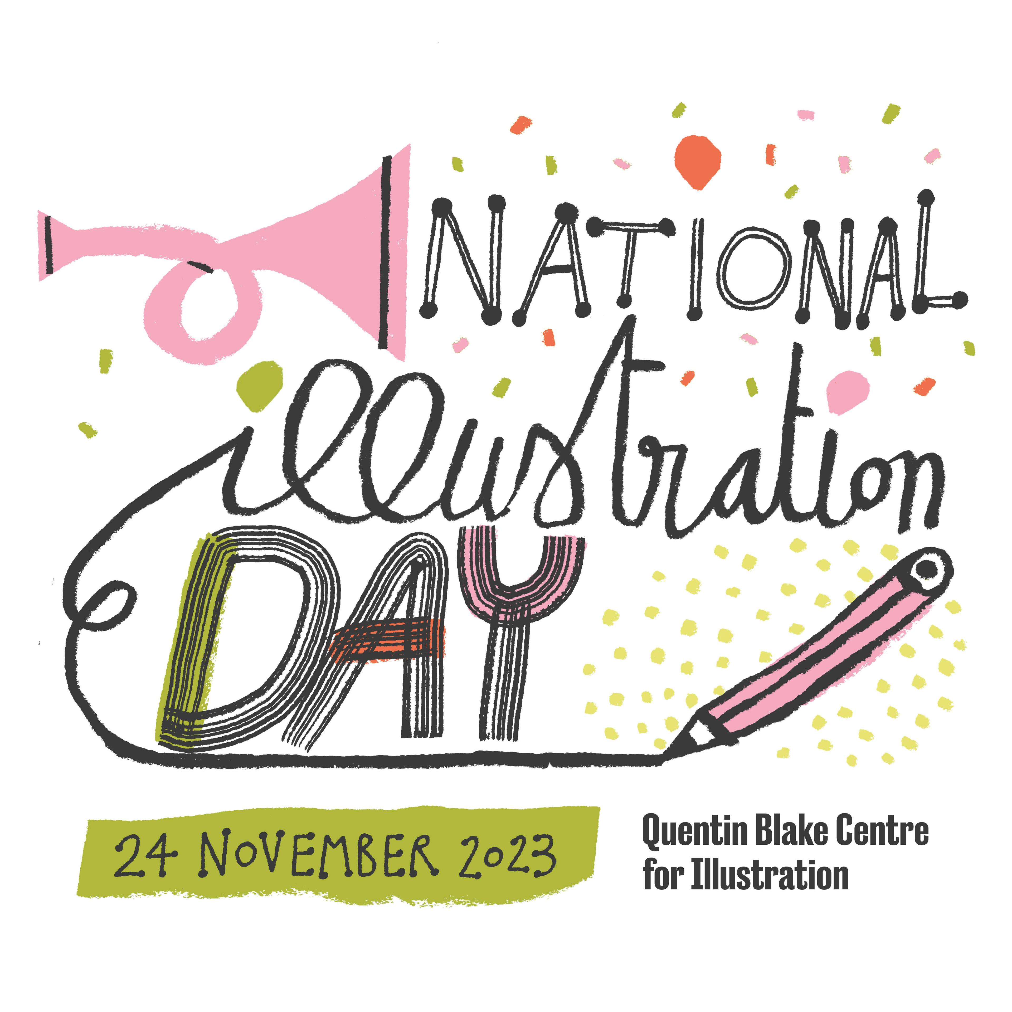 National Illustration Day logo on a white background with colourful confetti, a horn and a pencil.