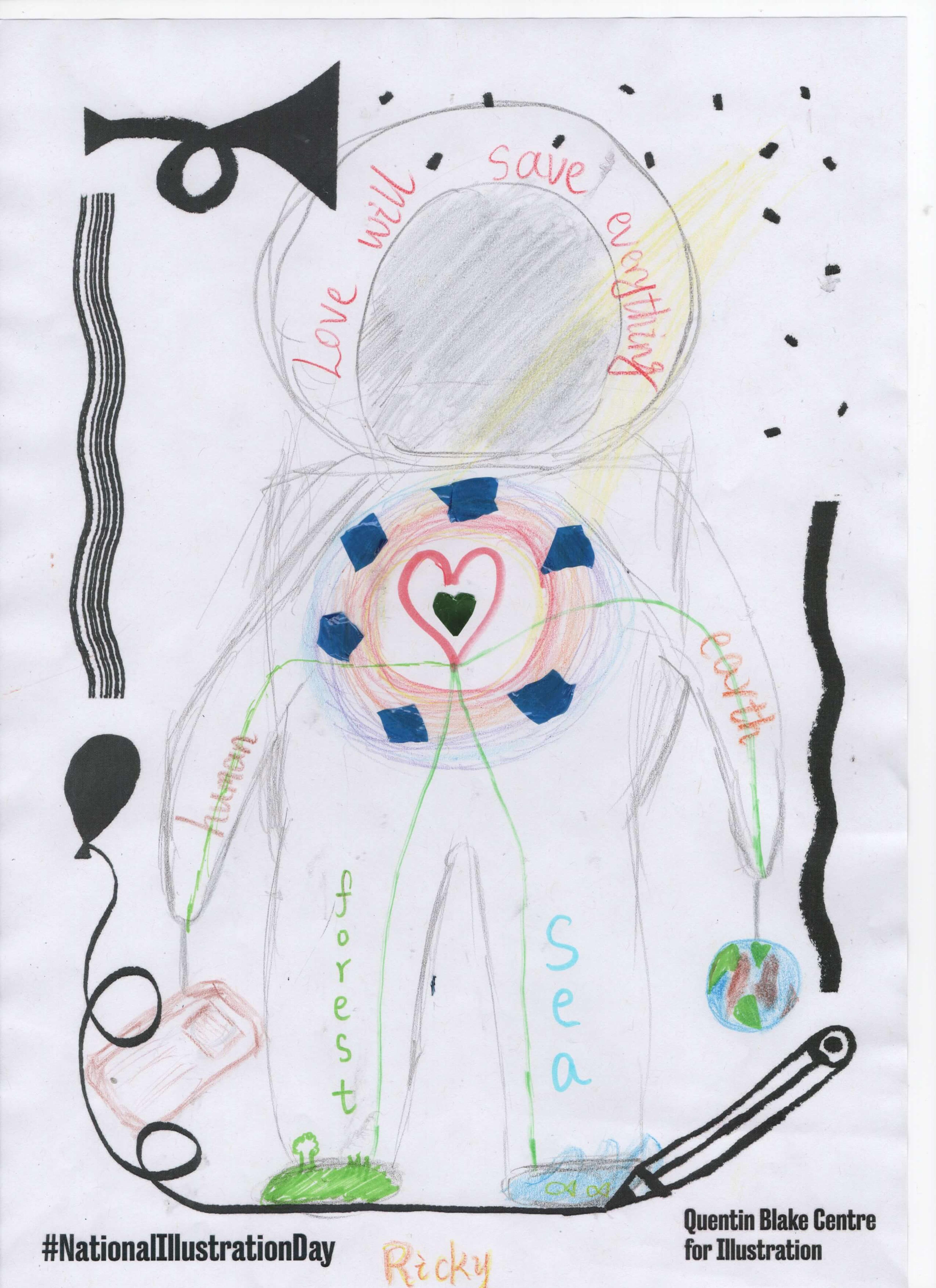 Silhouette of an astronaut with a big heart drawn on their chest. They are holding the earth suspended from a string in one hand and a phone in the other. The picture includes the words "love will save everything", "forest", "sea", "human" and "earth" written on the figure's head and limbs.