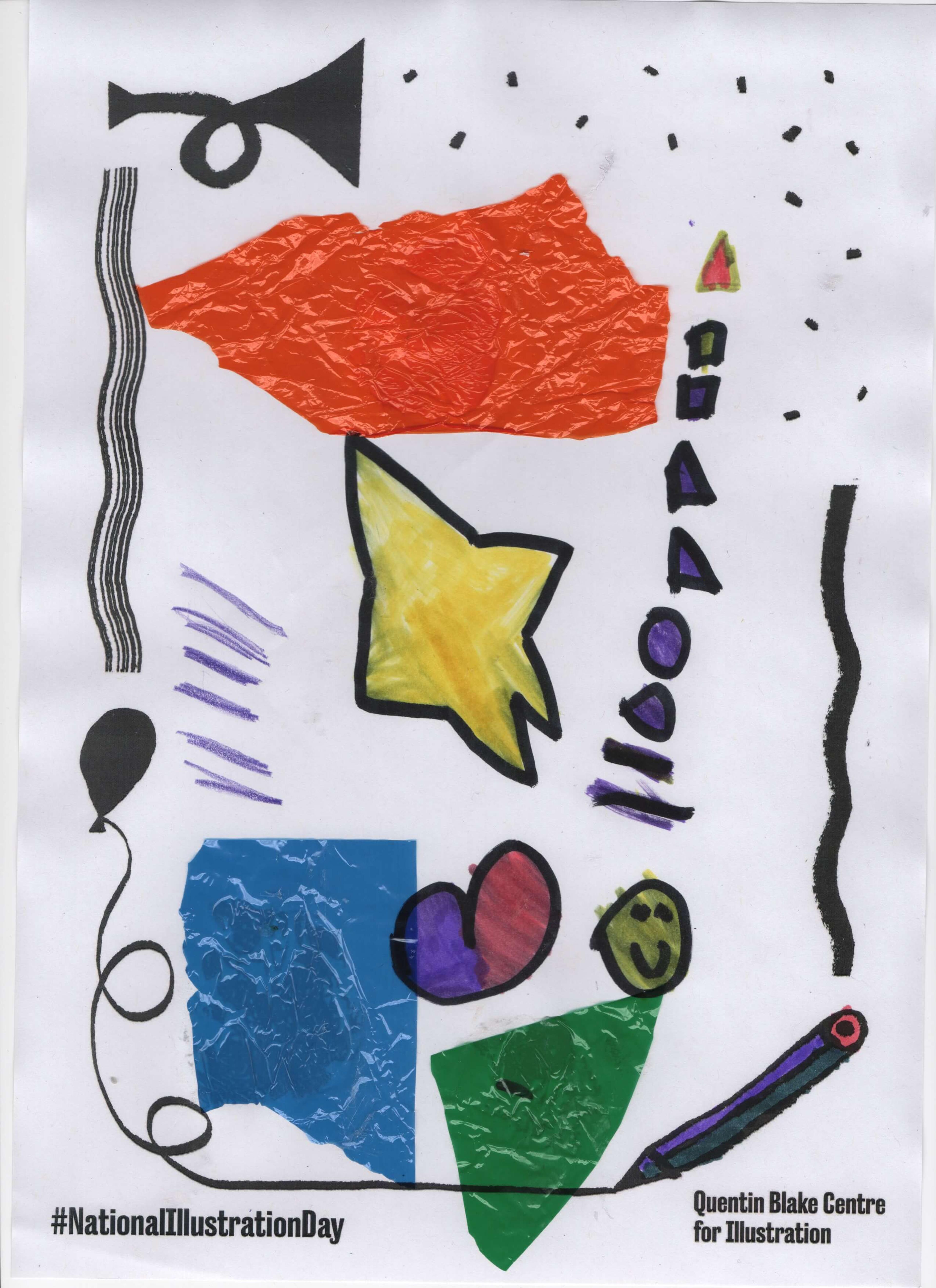 Drawn and collaged abstract shapes in a variety of colours. The picture also includes on smiley face. 