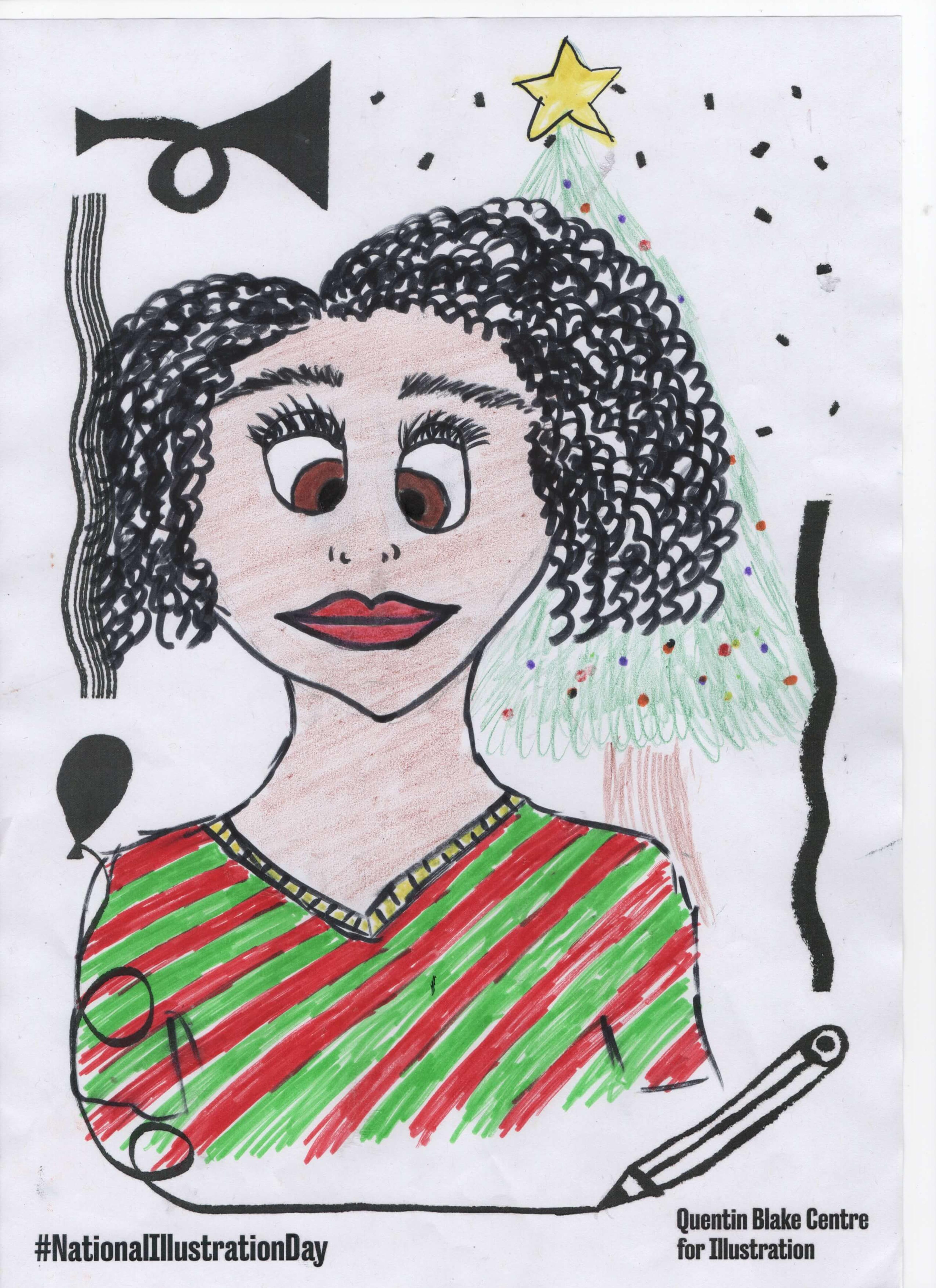 Stylised portrait of a person with coily hair and big brown eyes, wearing a striped red and green top.