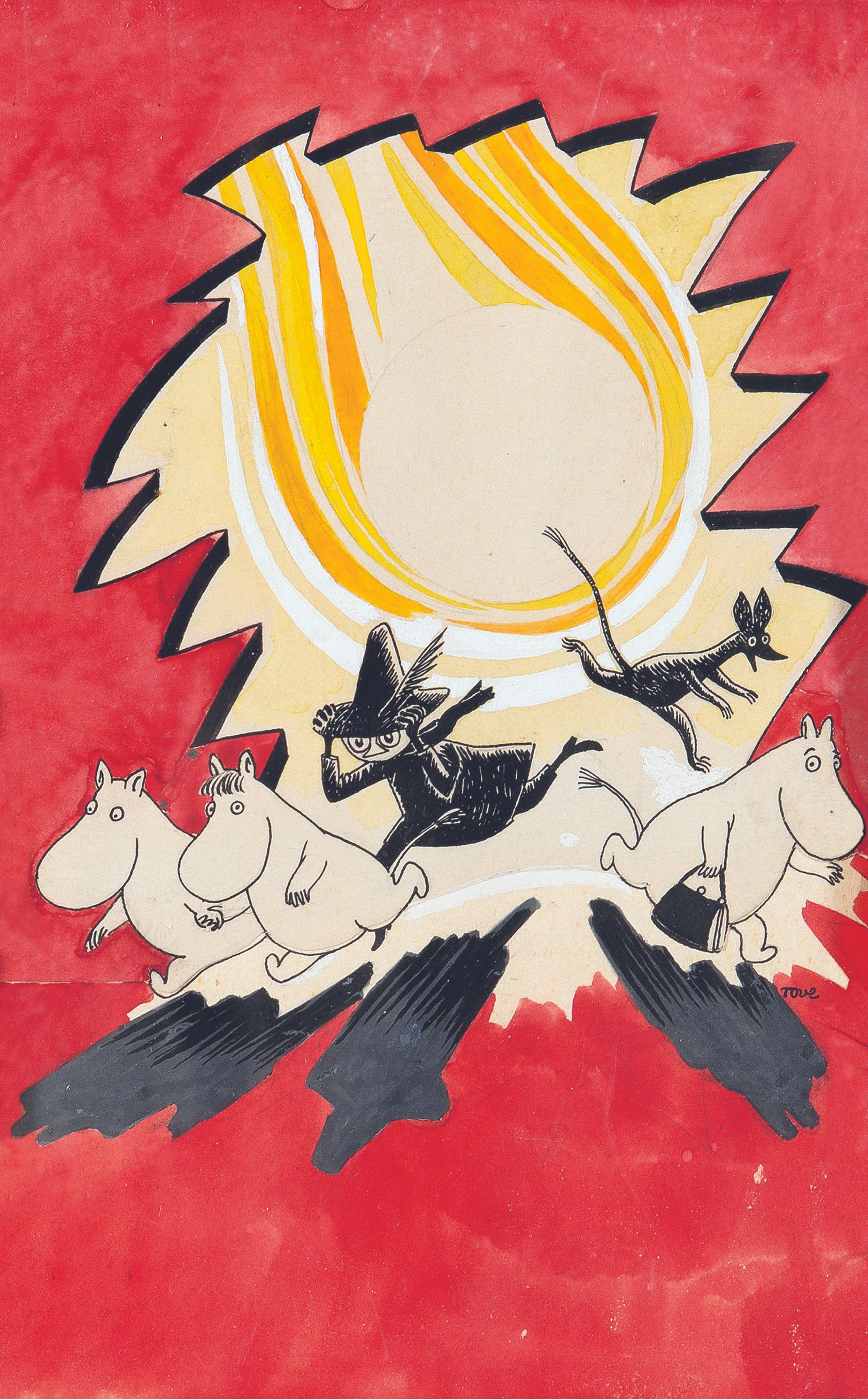 Illustration of three Moomin trolls a person and a mouse running away from a comet in the background