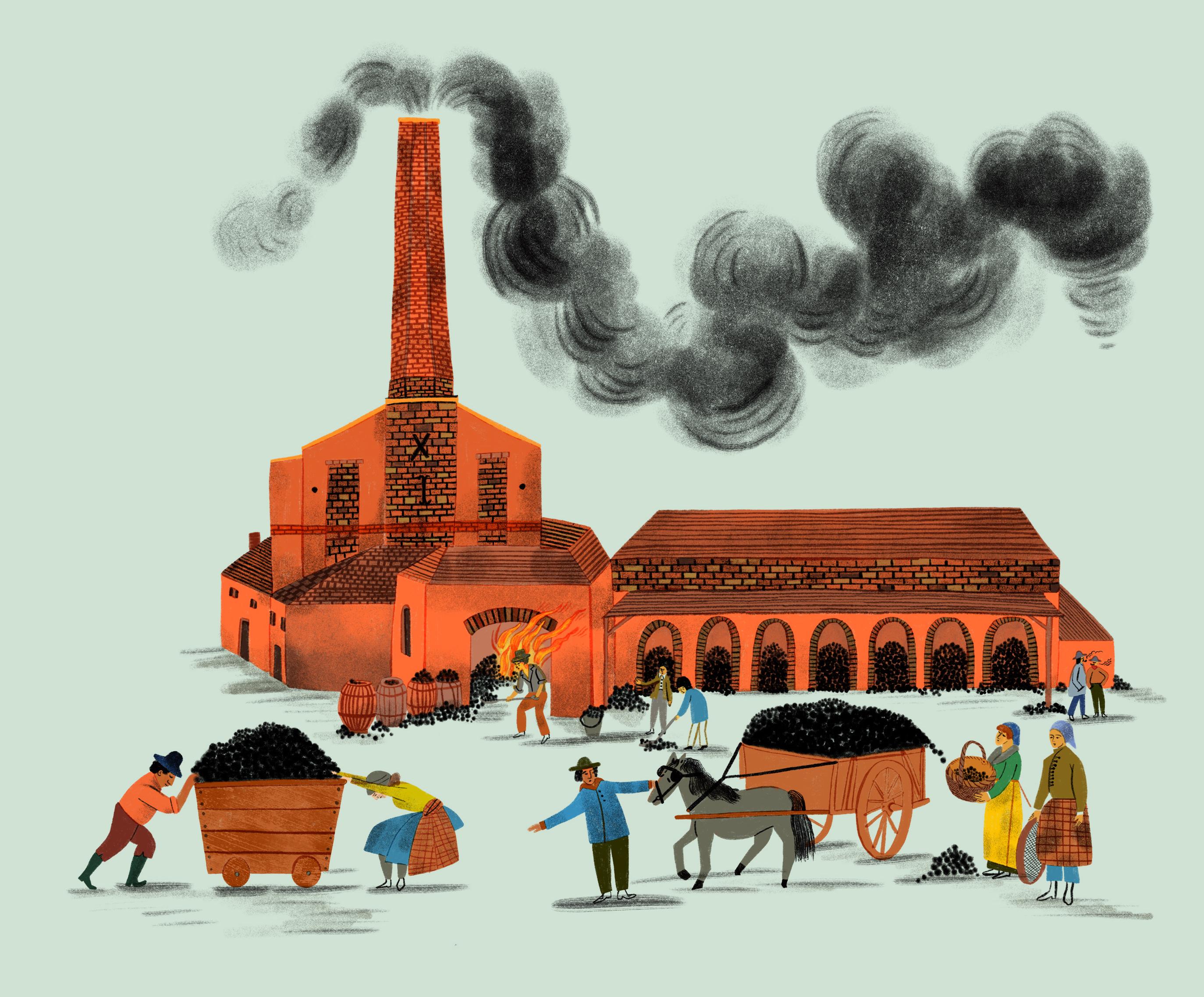 Illustration showing a series of historic building. On the right side a building with archways filled with coal and on the left side a building with a tall chimney with smoke spilling out. In the central building a person stokes a fire. People and a horse in the foreground with carts of coal.