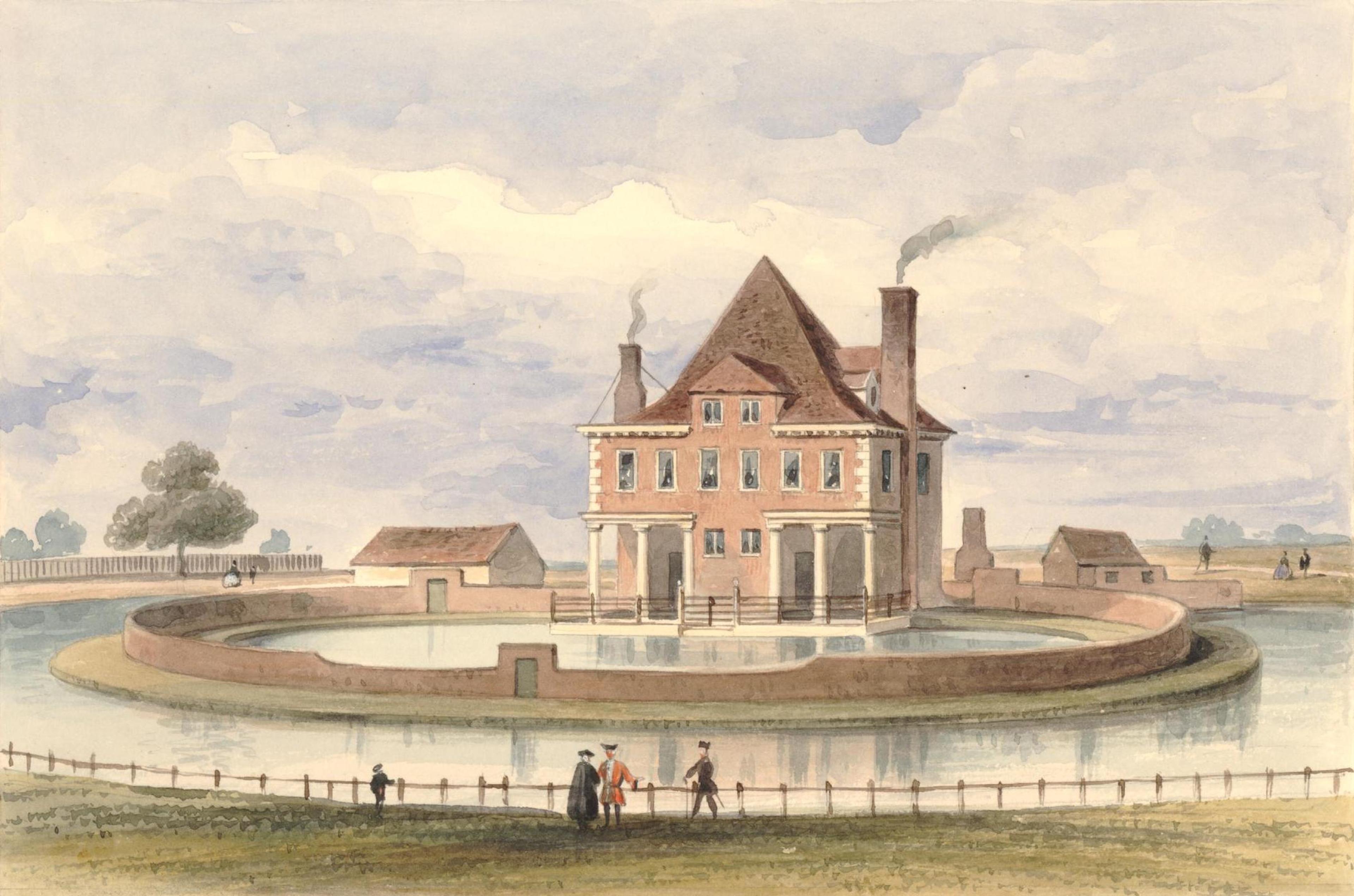 Painting of a pink house on the banks of a large pond with people in 17th century clothes in the foreground