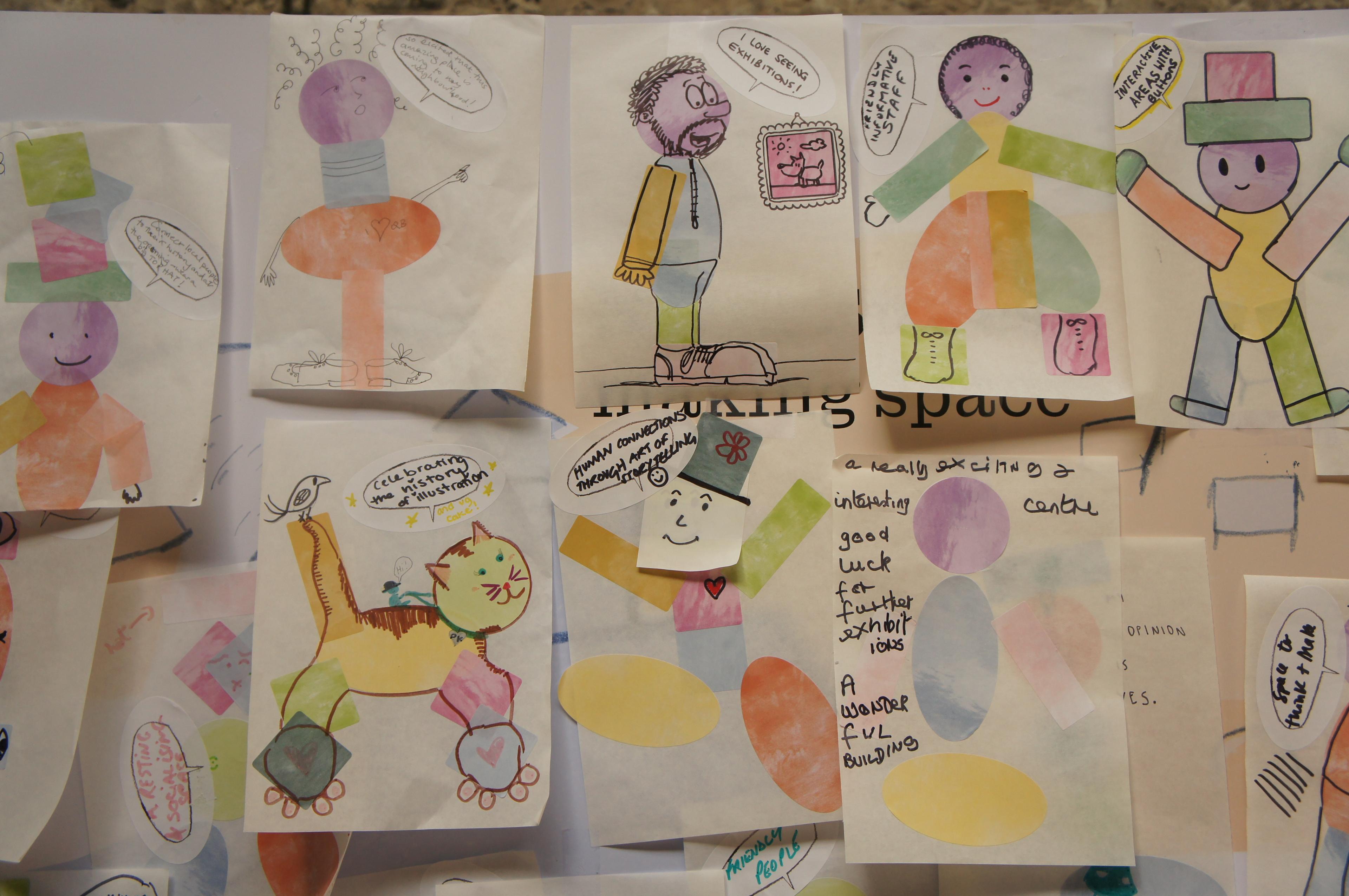 Close-up photograph of a series of illustrations made with stickers.