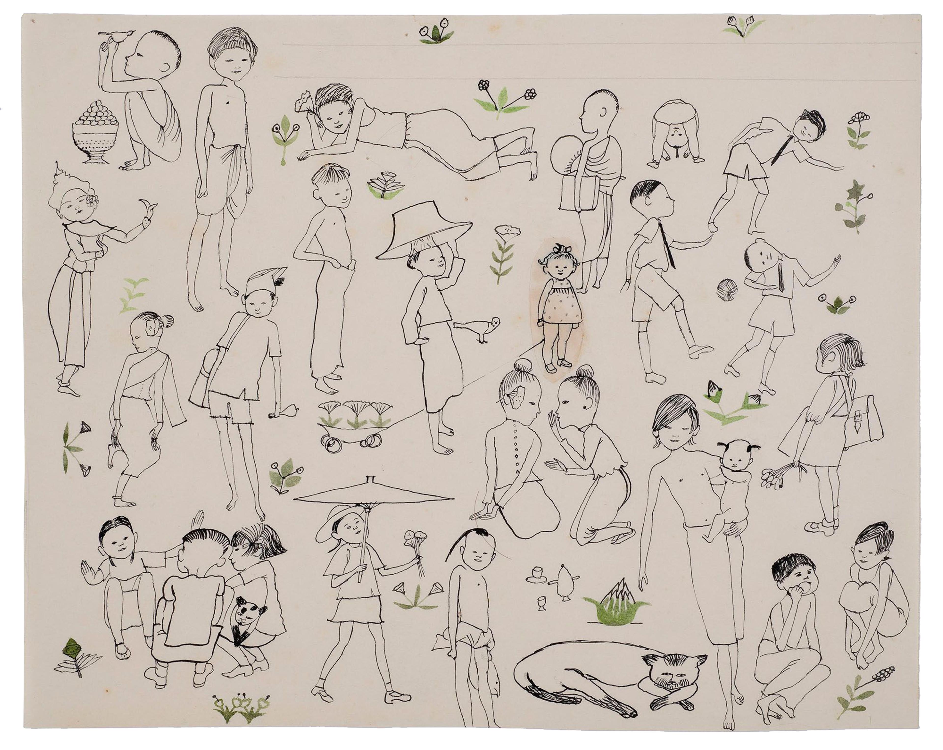 Drawing in black and green ink on white paper of children playing