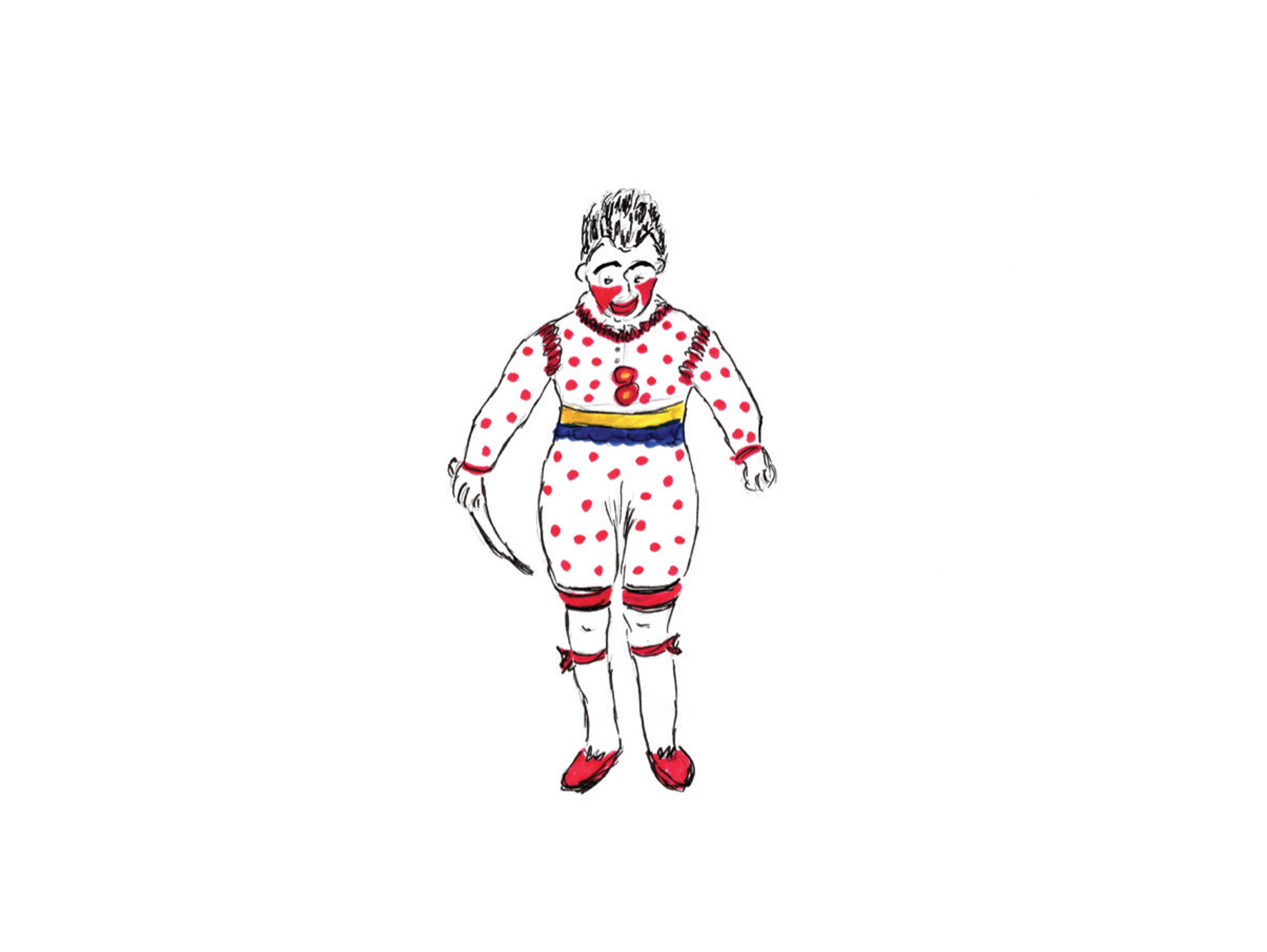 Illustration of a red-cheeked clown with a white costume with red polka dots, holding a sword
