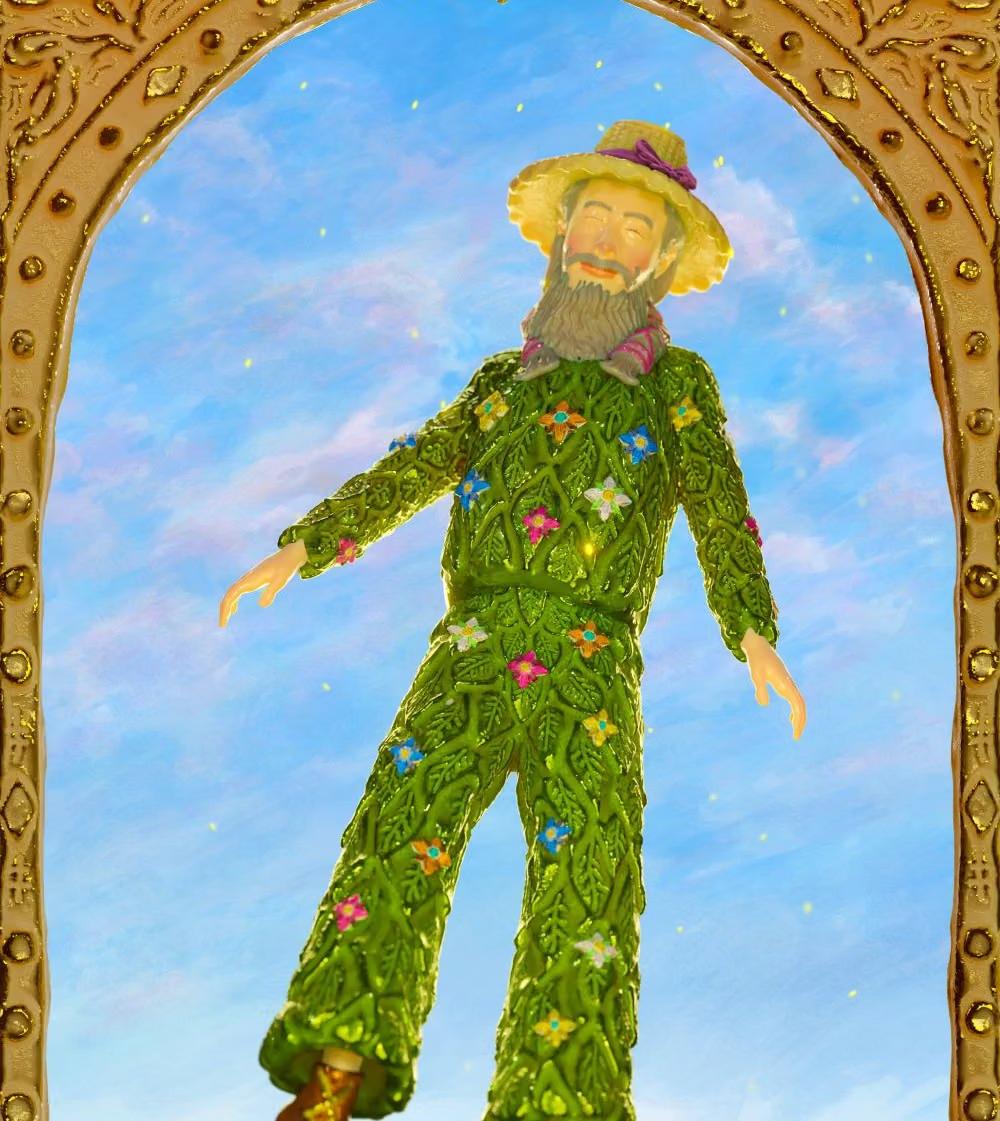 A bearded man wearing a hat dressed in green floats against a dreamy blue sky.