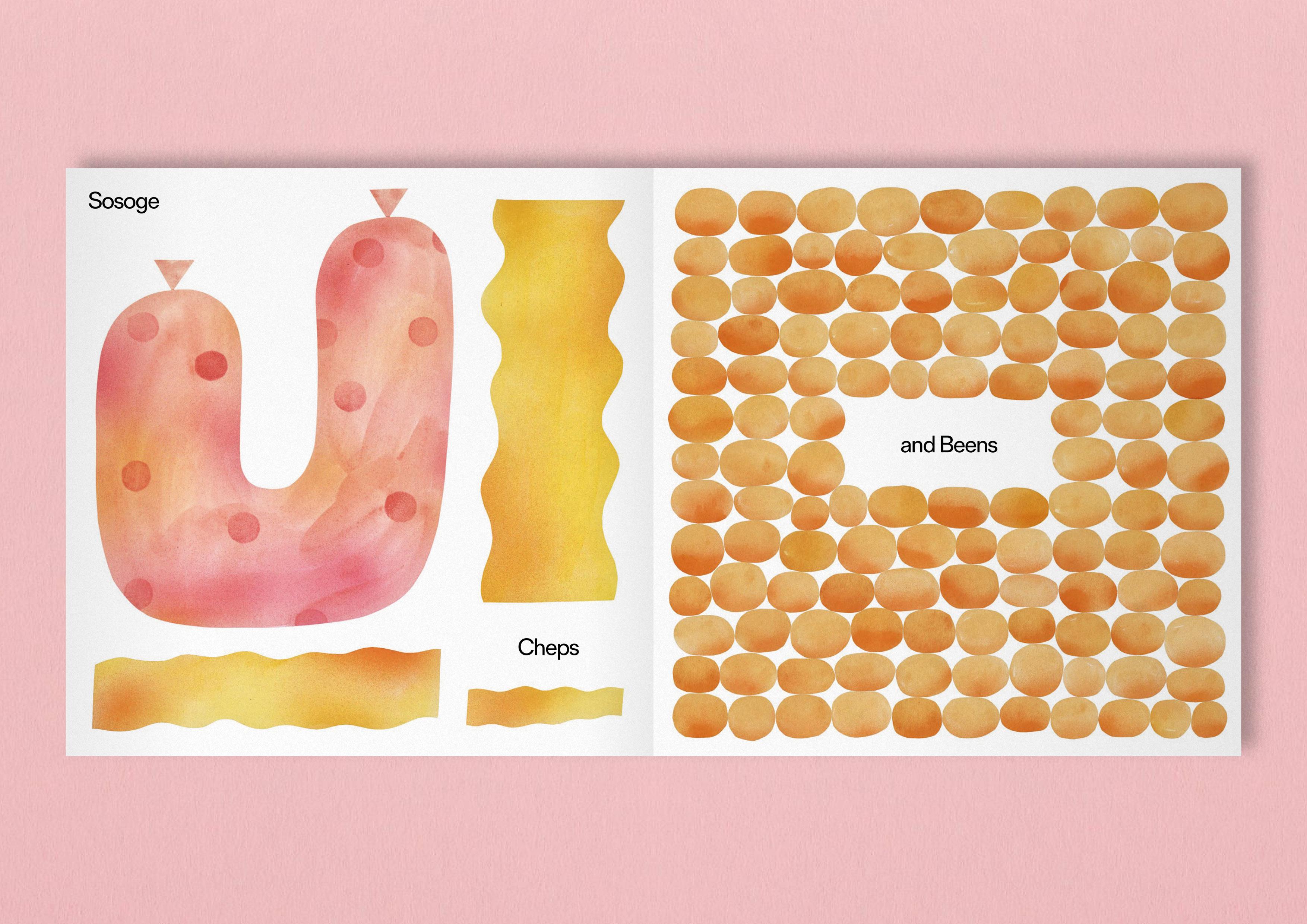 Double page spread of a book with labeled illustrations of a sausage, chips and baked beans.