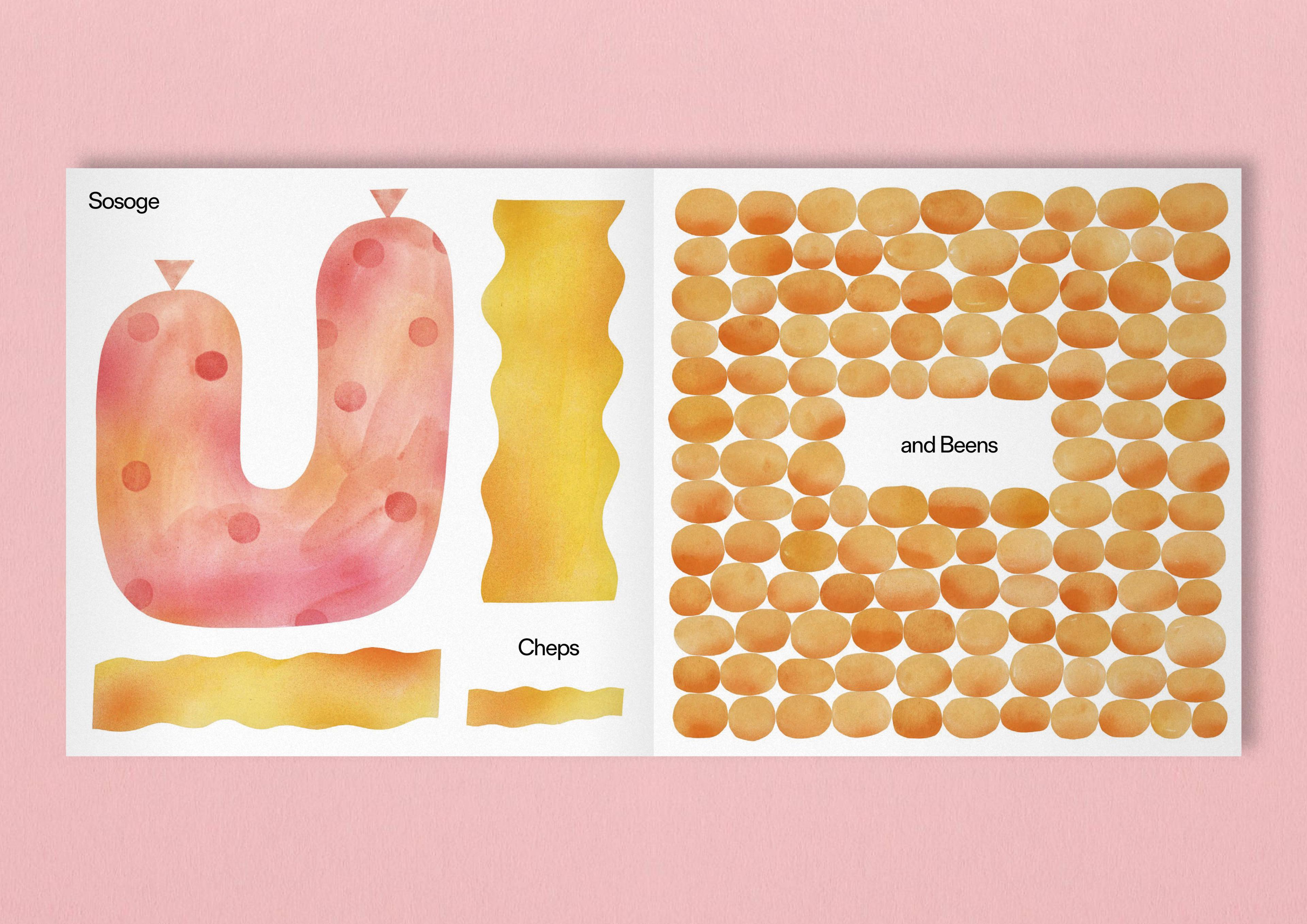 Double page spread of a book with labeled illustrations of a sausage, chips and baked beans.