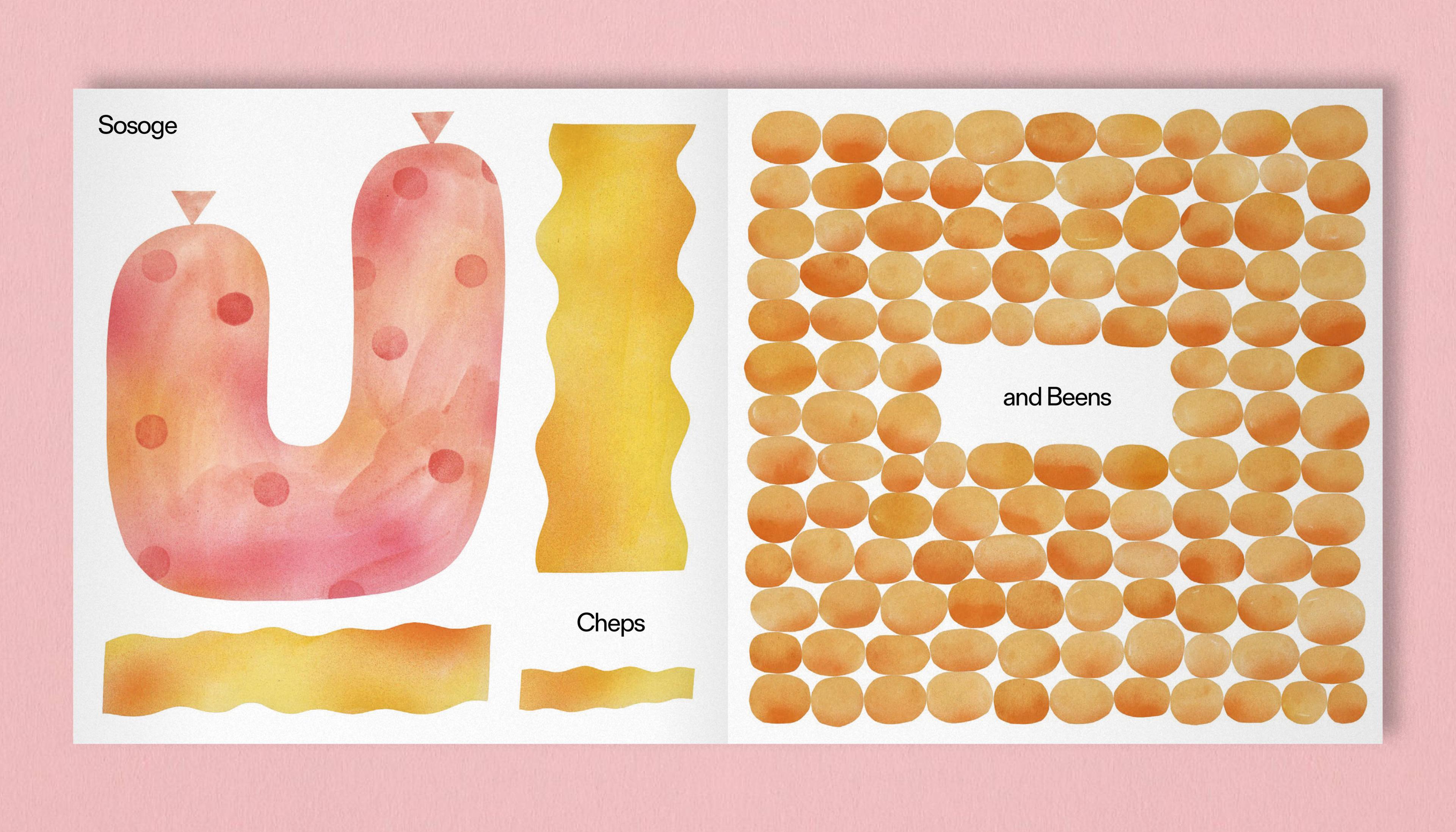 Double page spread of a book with labeled illustrations of a sausage, chips and baked beans.