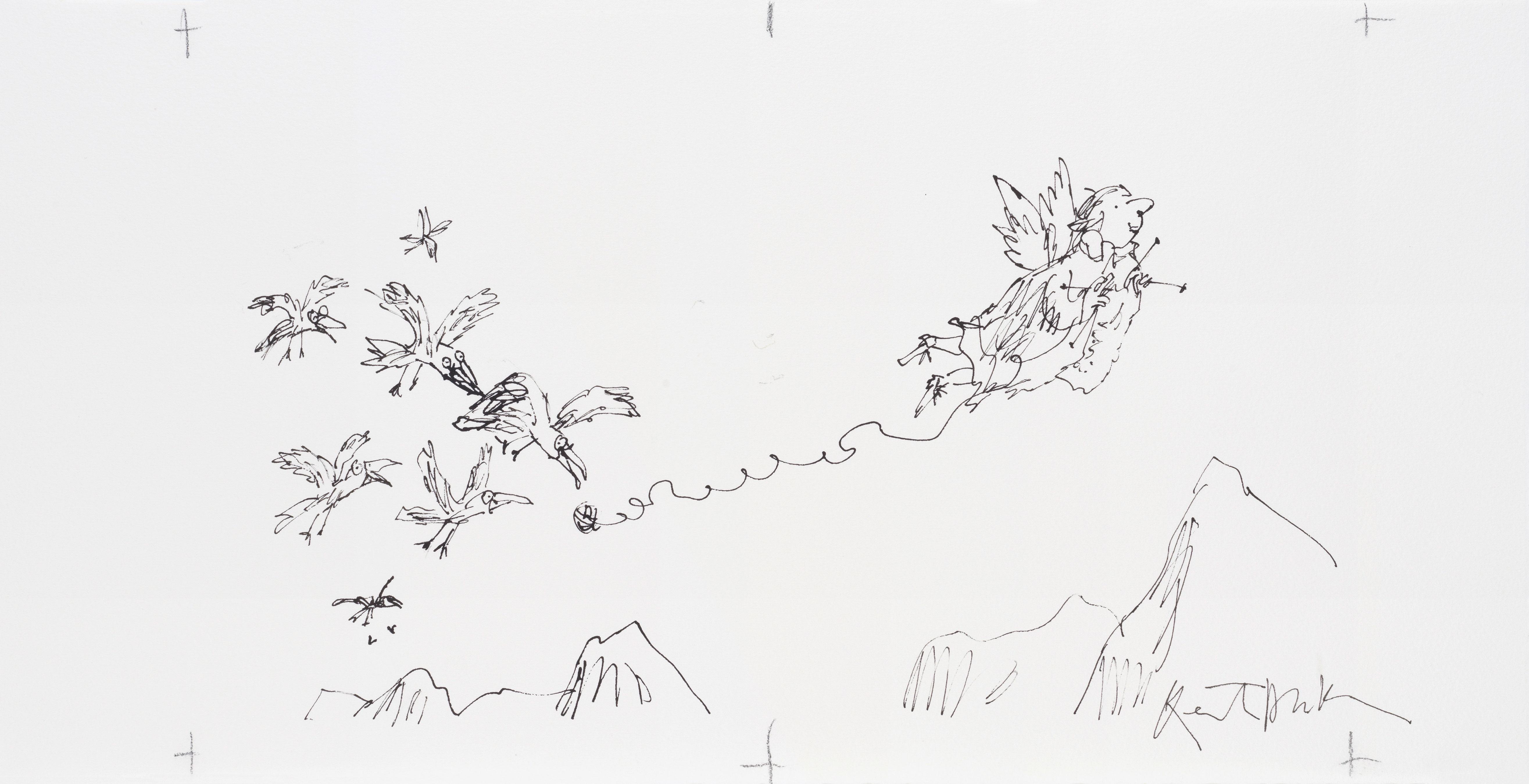 An illustration in black ink of a woman with wings sprouting from her back, flying over a mountain range. She is knitting and a ball of wool is dangling behind her, being pursued by a flock of birds