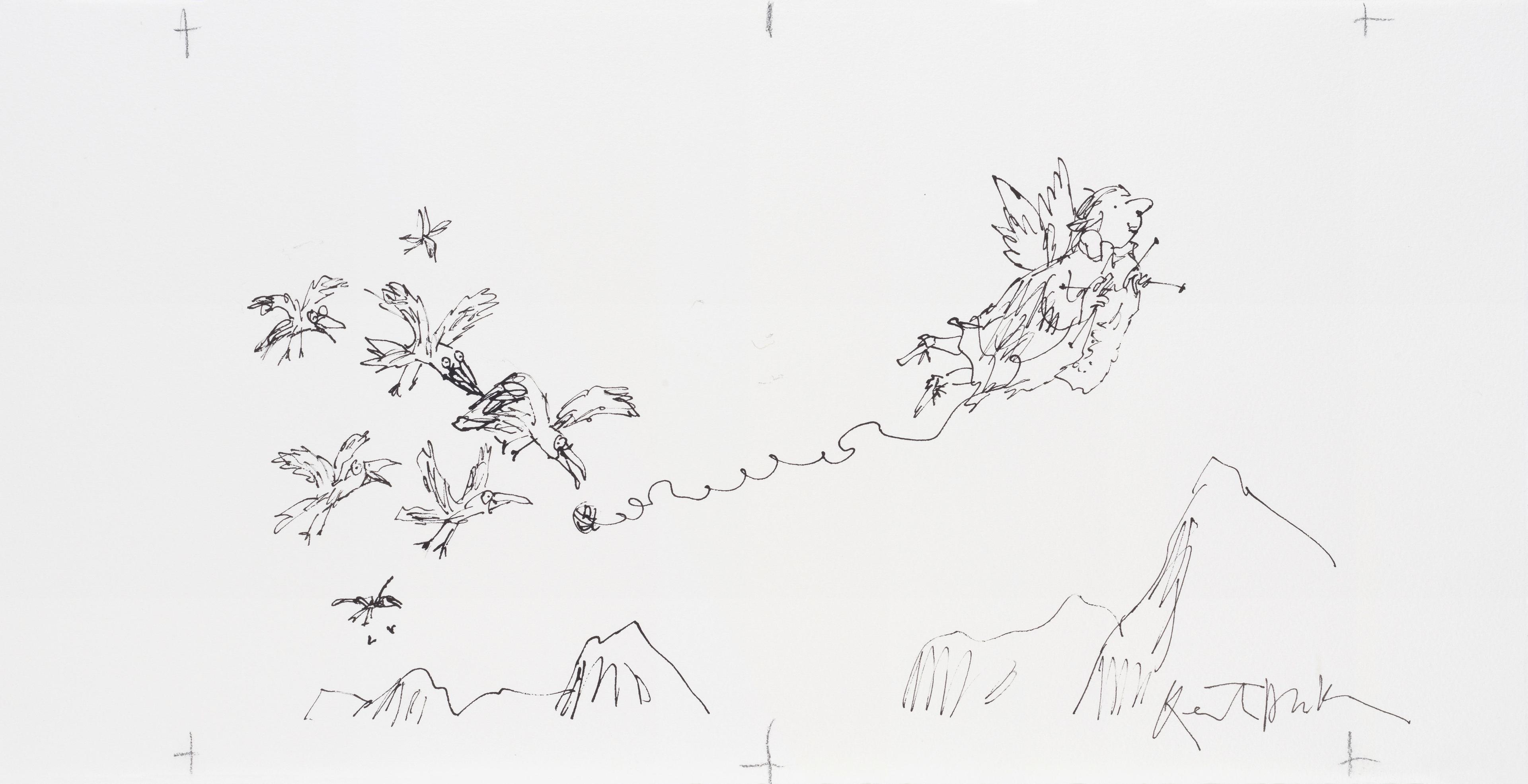 An illustration in black ink of a woman with wings sprouting from her back, flying over a mountain range. She is knitting and a ball of wool is dangling behind her, being pursued by a flock of birds