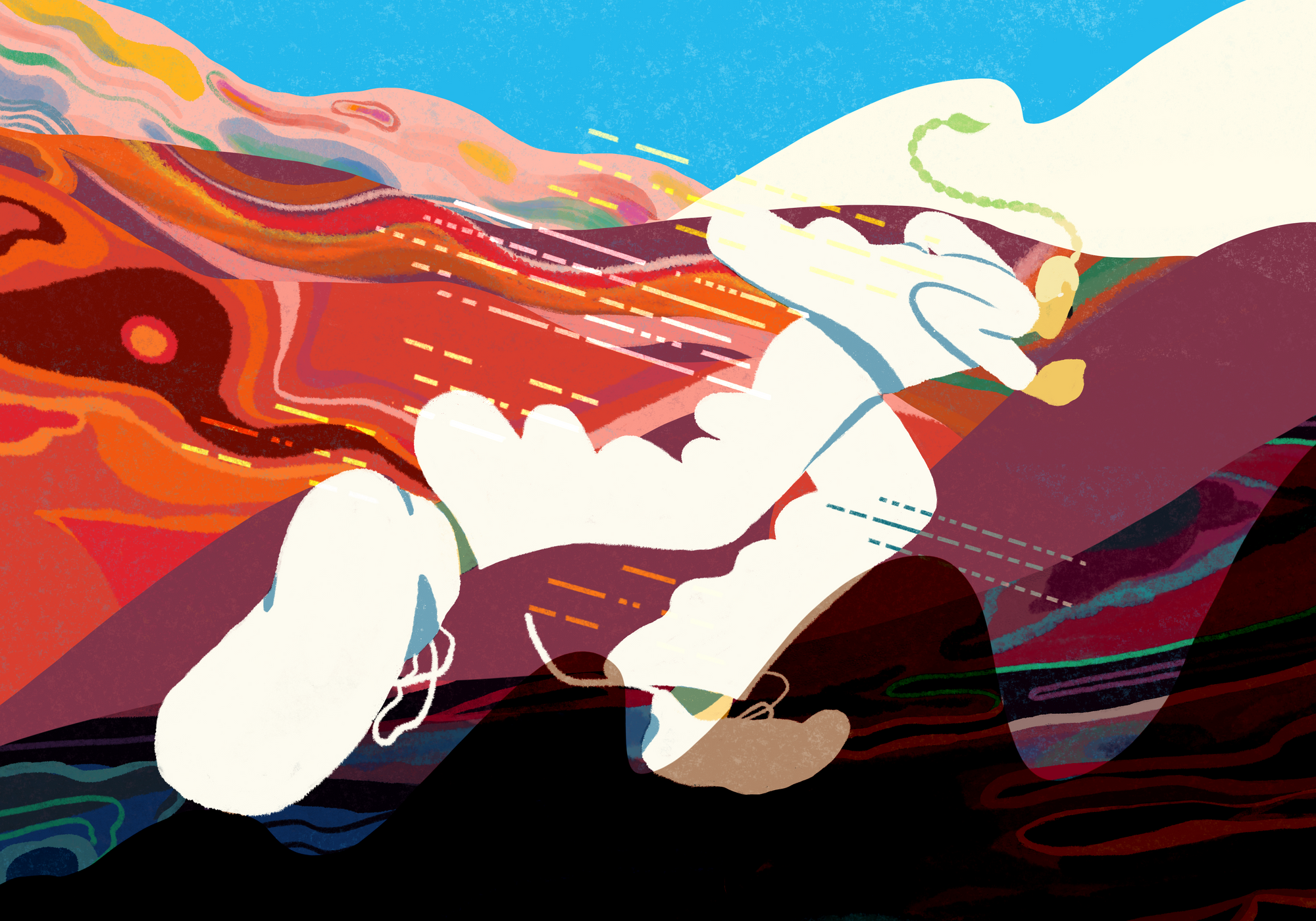 An illustration of a person in a white suit running through an abstract, colourful landscape of hills and swirling patterns.