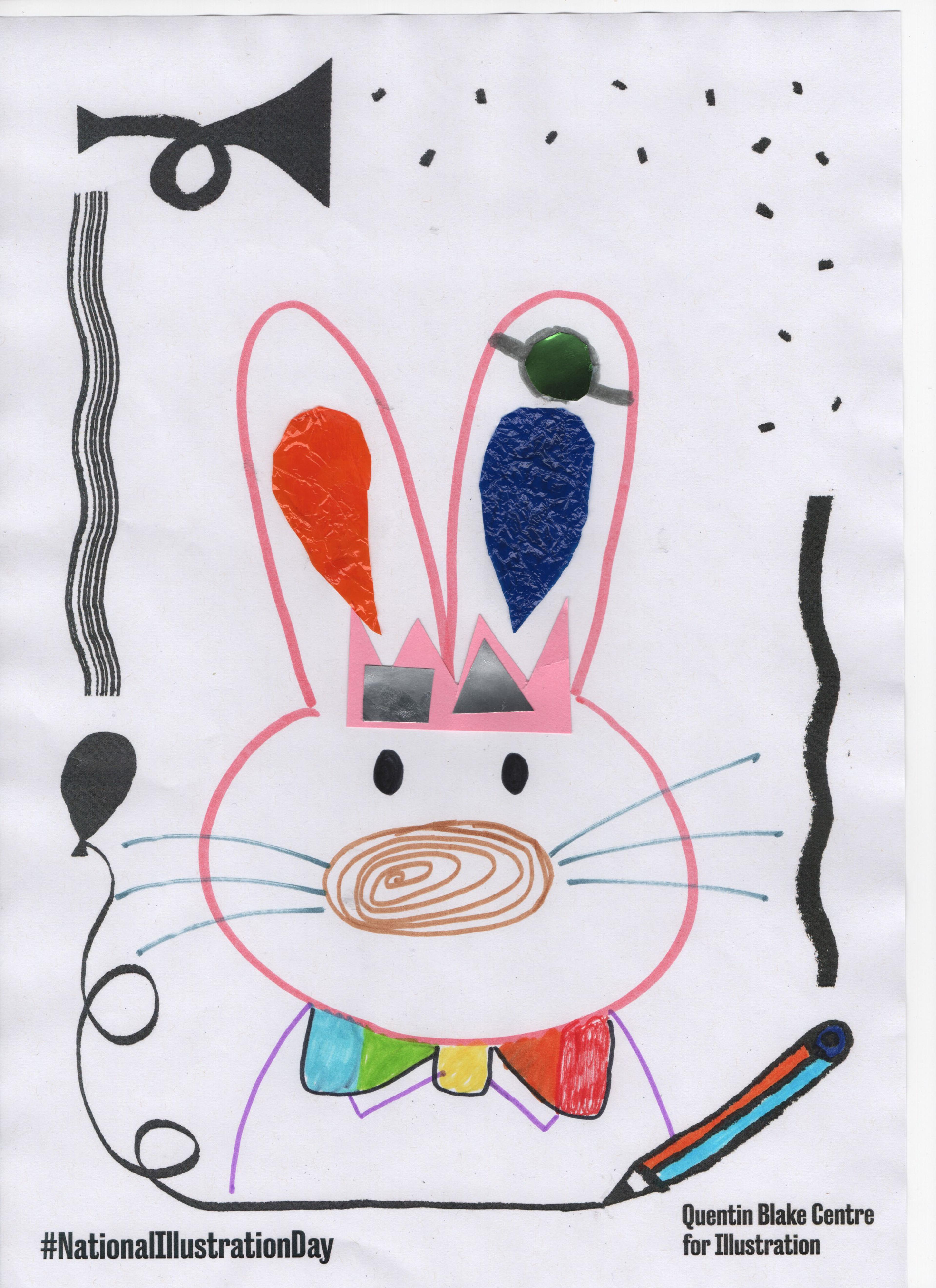 Illustration of a rabbit with colourful ears and a bow tie.