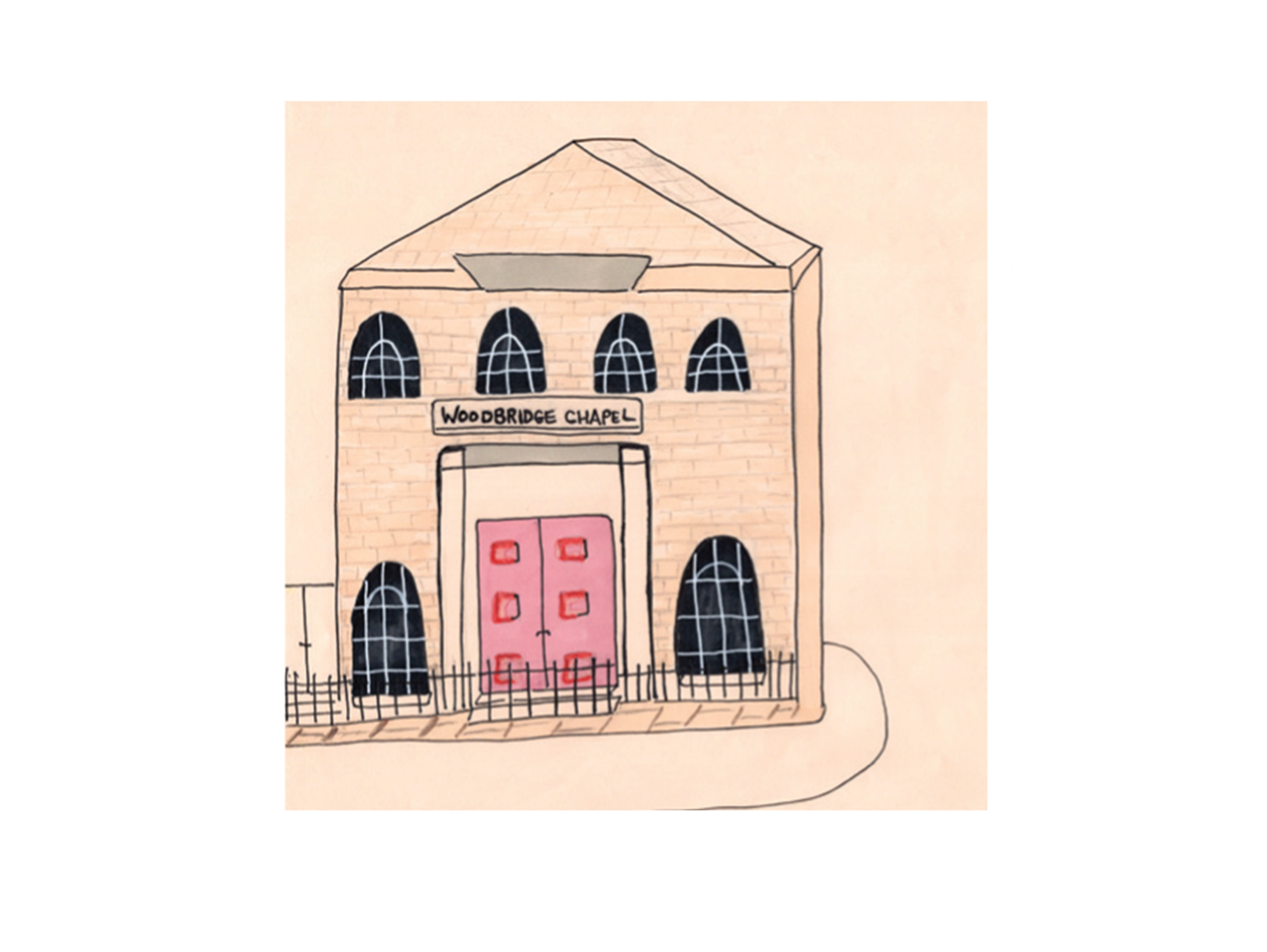 Illustration of a building with a pediment and a pink door with a sign reading Woodbridge Chapel above
