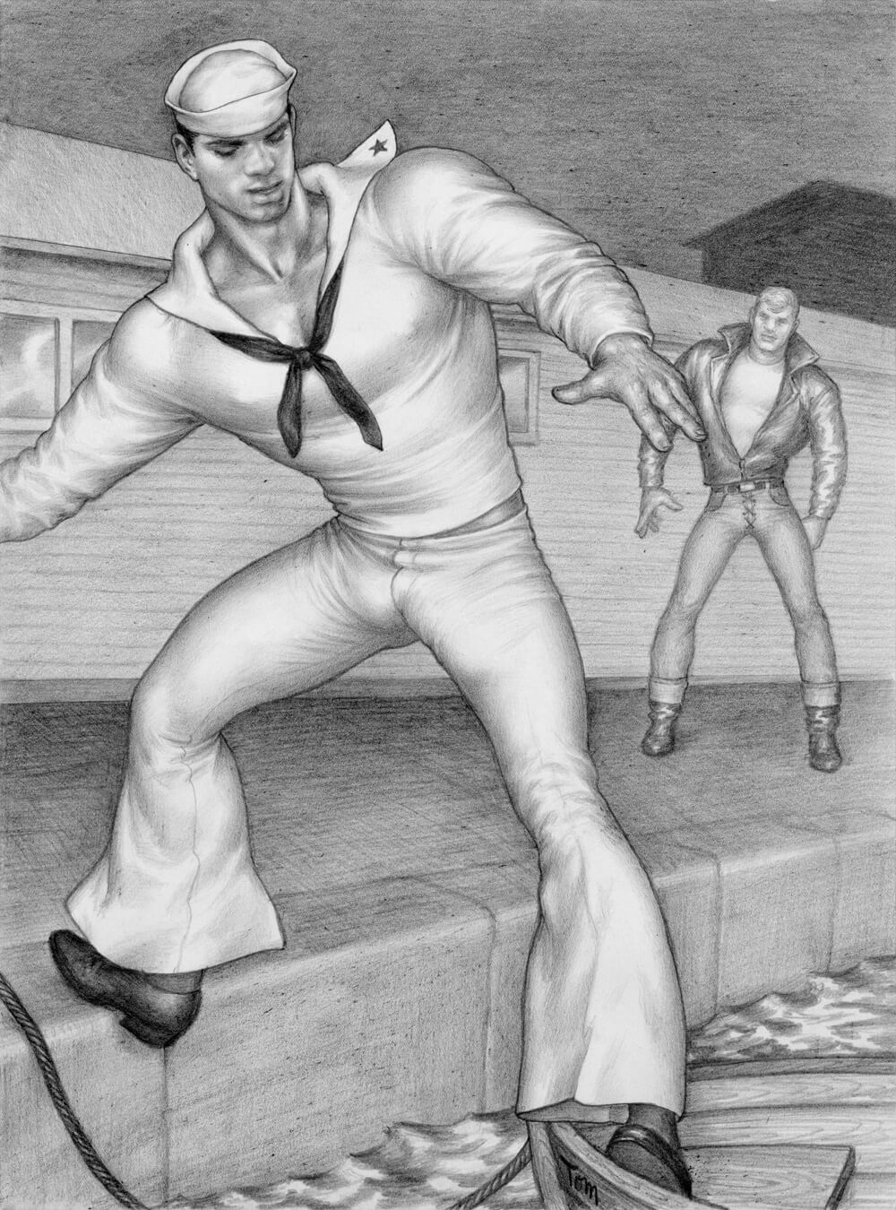 Illustration of a sailor stepping into or out of a boat with a man in a leather jacket in the background