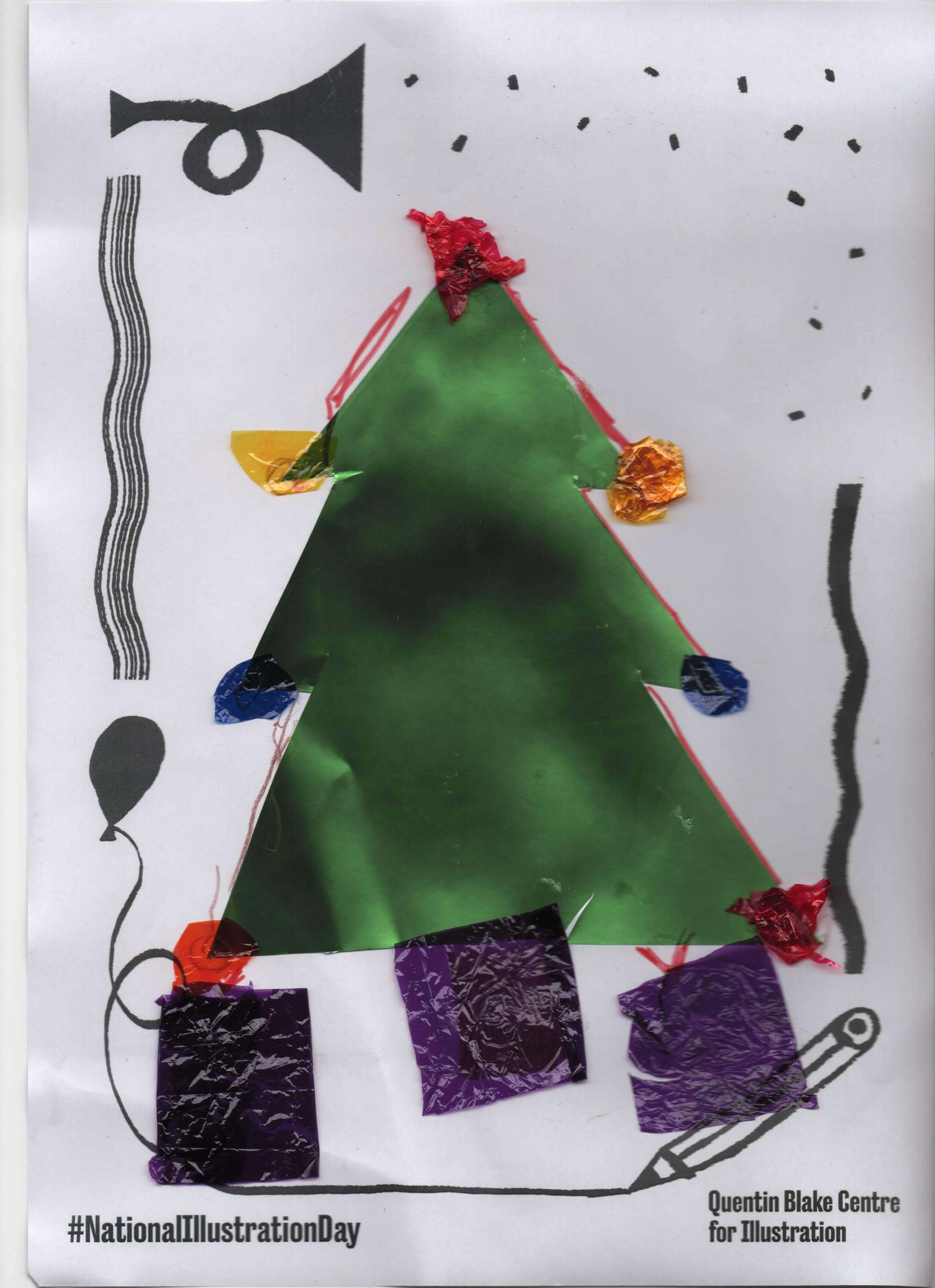 A collaged illustration of a Christmas tree with presents underneath. 