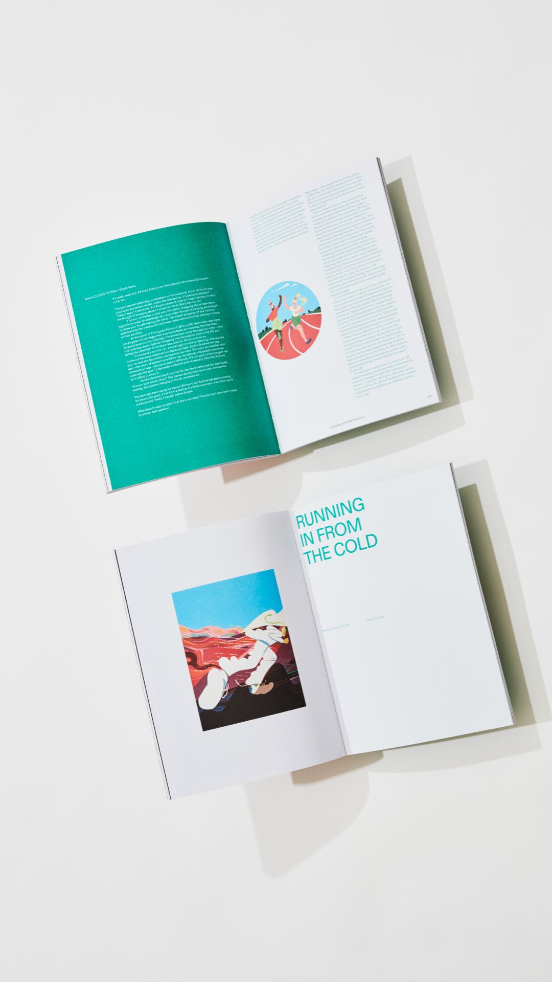 Two magazines showing illustrations in situ with text sit against a white background.